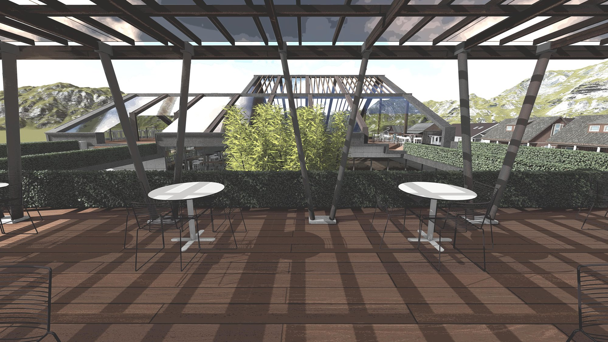 Open-air dining terrace framed by timber pergolas, greenery, and panoramic landscape views.