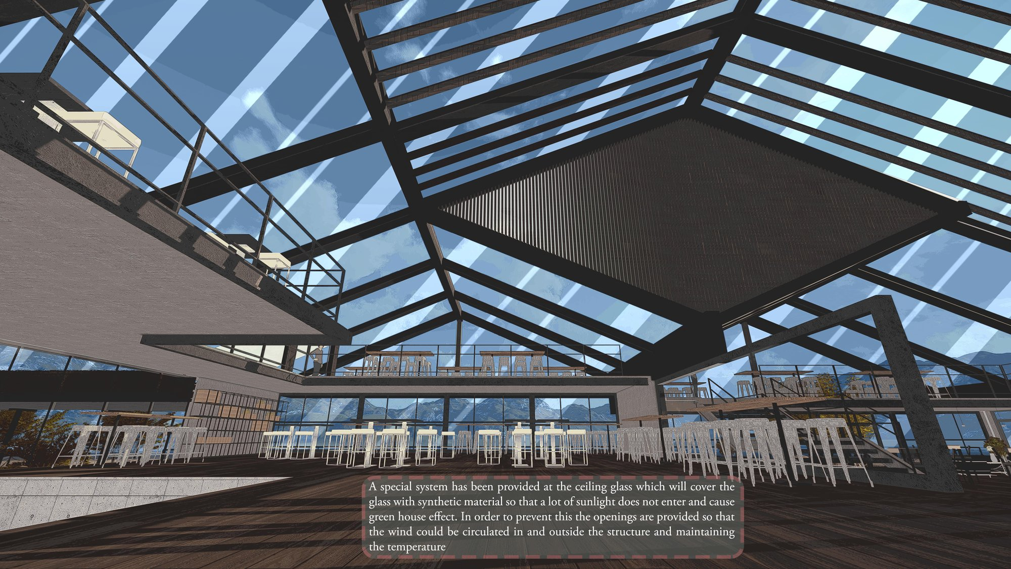 Light-filled dining hall with a glazed roof, exposed structure, and layered seating spaces.