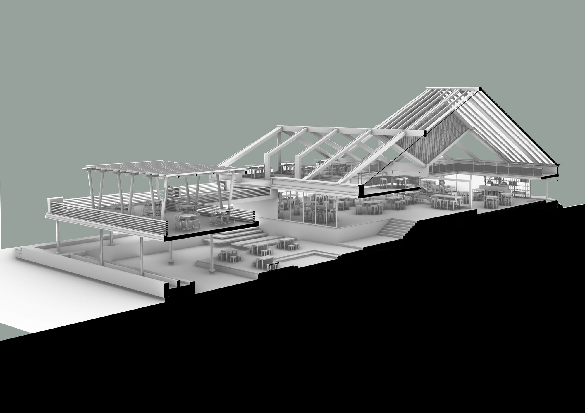 Sectional model reveals JAPA CAFE’s multi-level dining areas, terraces, and pitched roof structure.