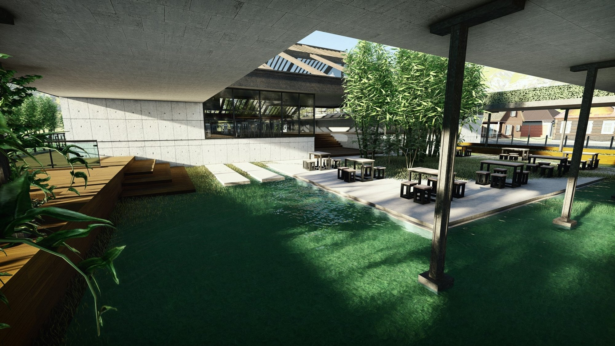 Bamboo planting and open-air seating strengthen the cafe’s connection with nature and Japanese aesthetics.