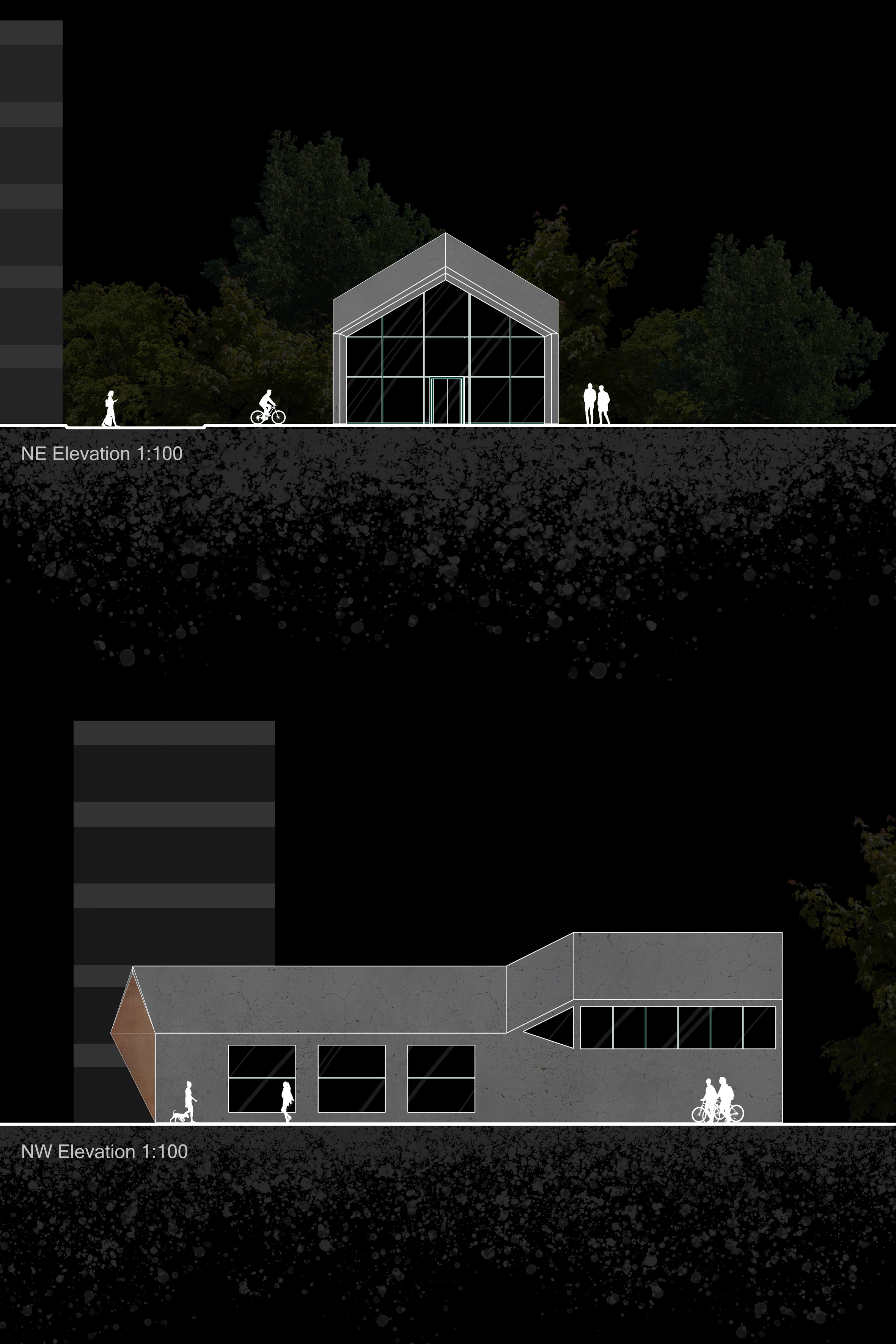 Elevation study highlighting the gabled glass façade and calm street presence.