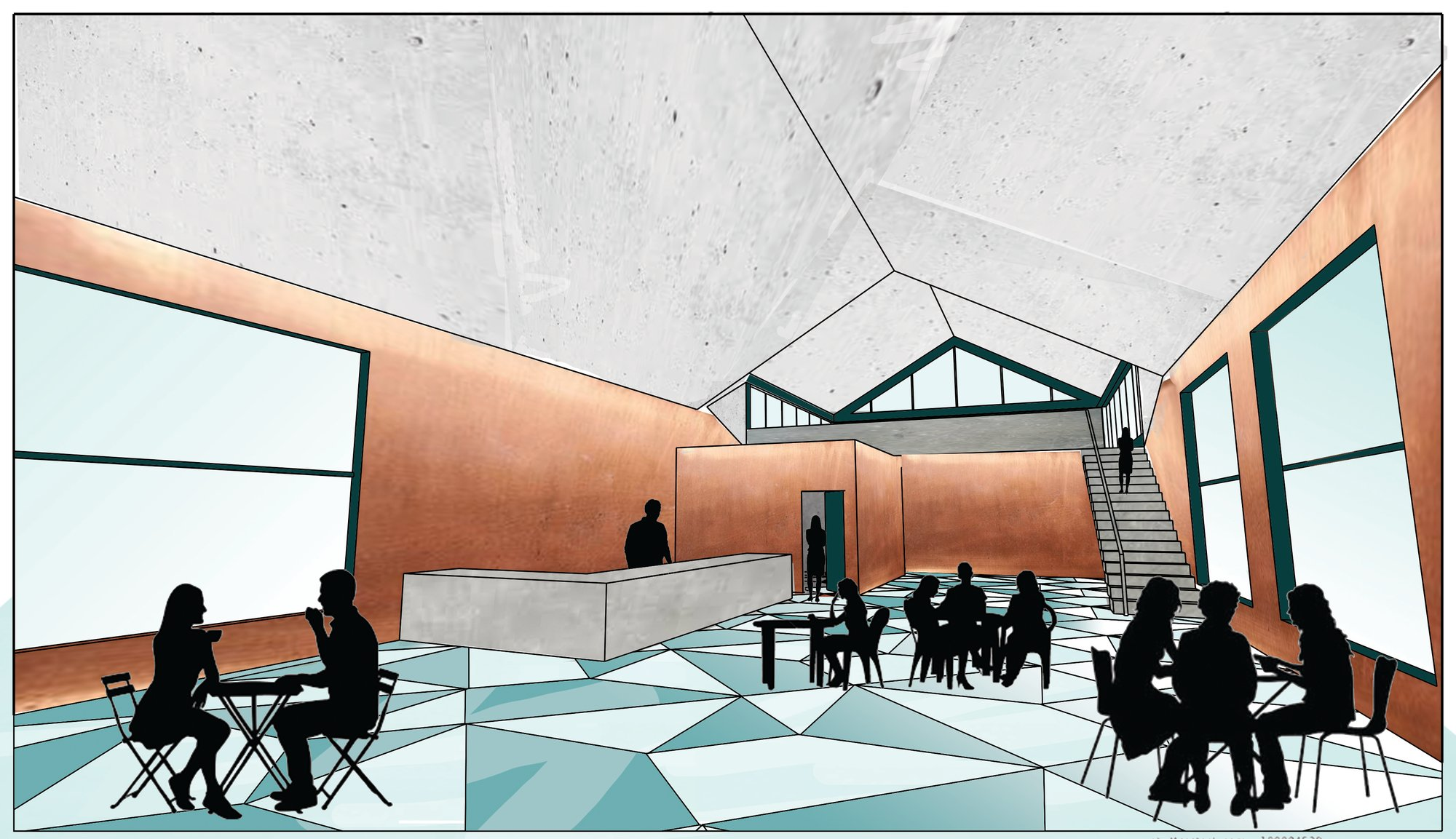 Open café interior designed with large windows, social seating, and an airy layout.