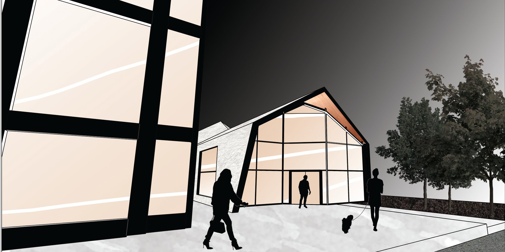 Exterior perspective showing the café’s transparent entrance and home-like gable form.