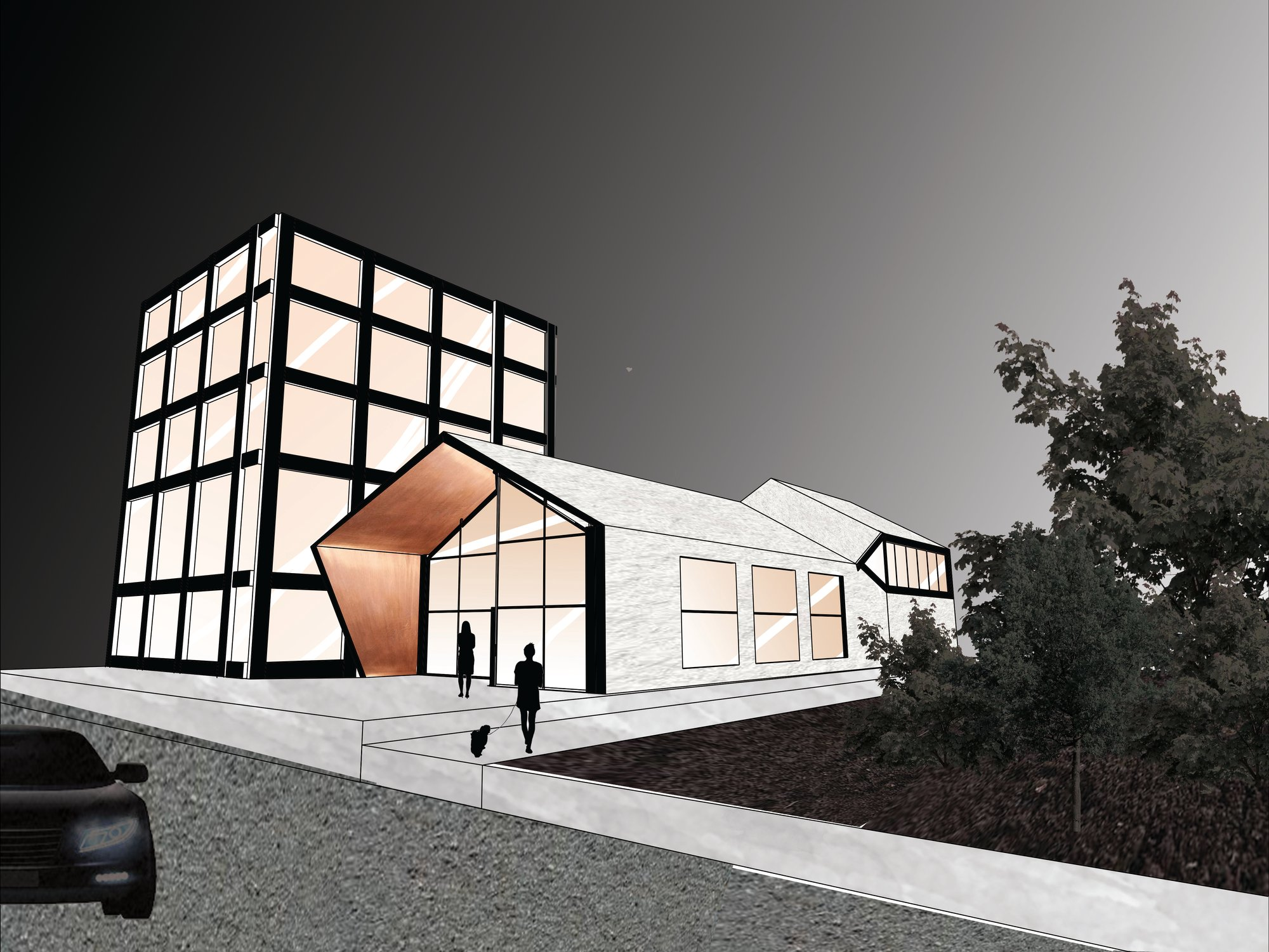 Street view of the Coffee House with glass volumes, copper accents, and surrounding landscape.