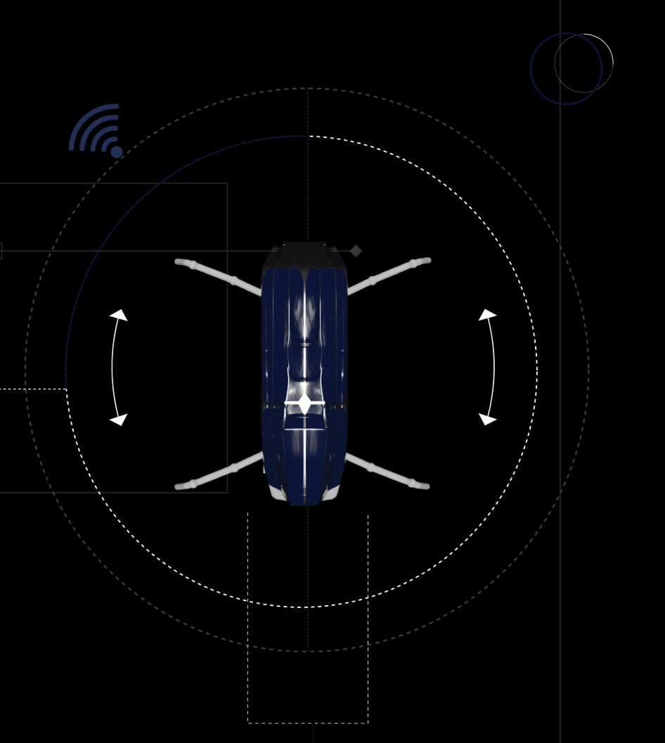 Top view showing the rover’s scanning and communication range.