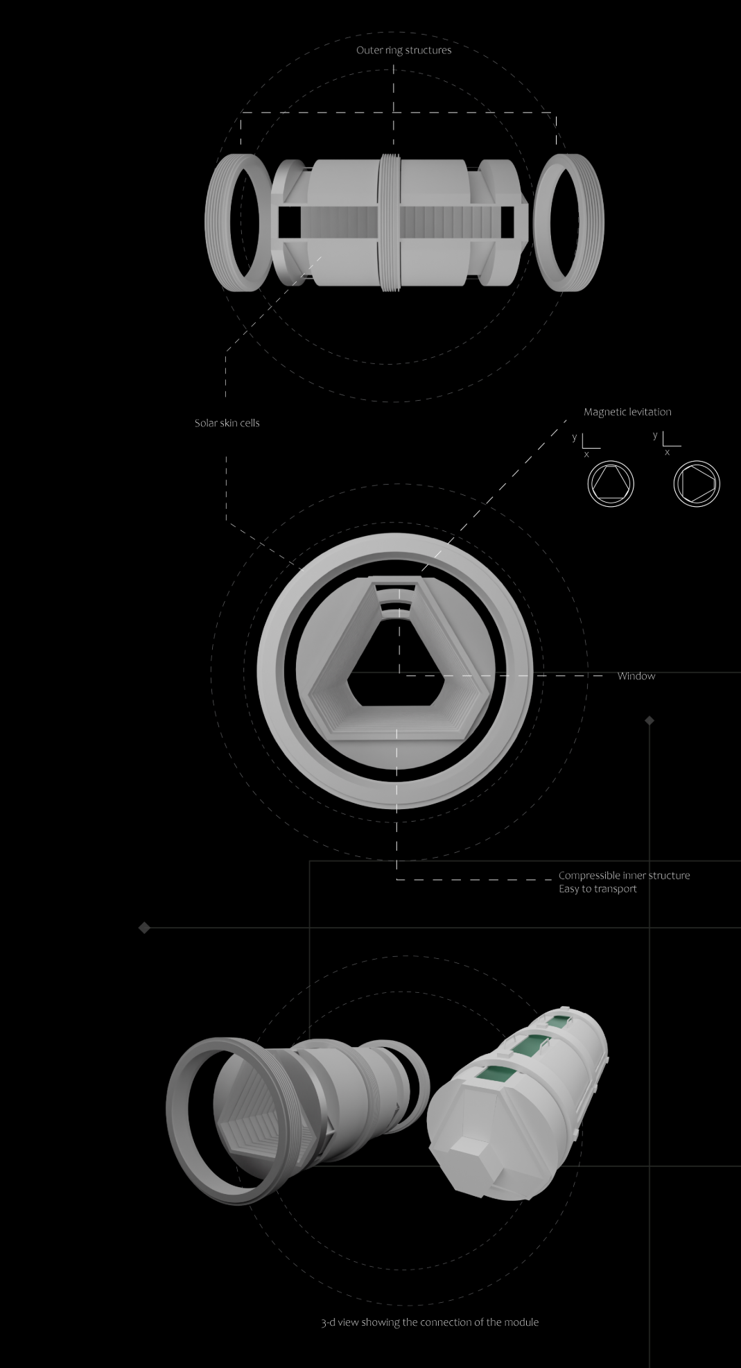 Modular habitat structure with detachable components and magnetic levitation.
