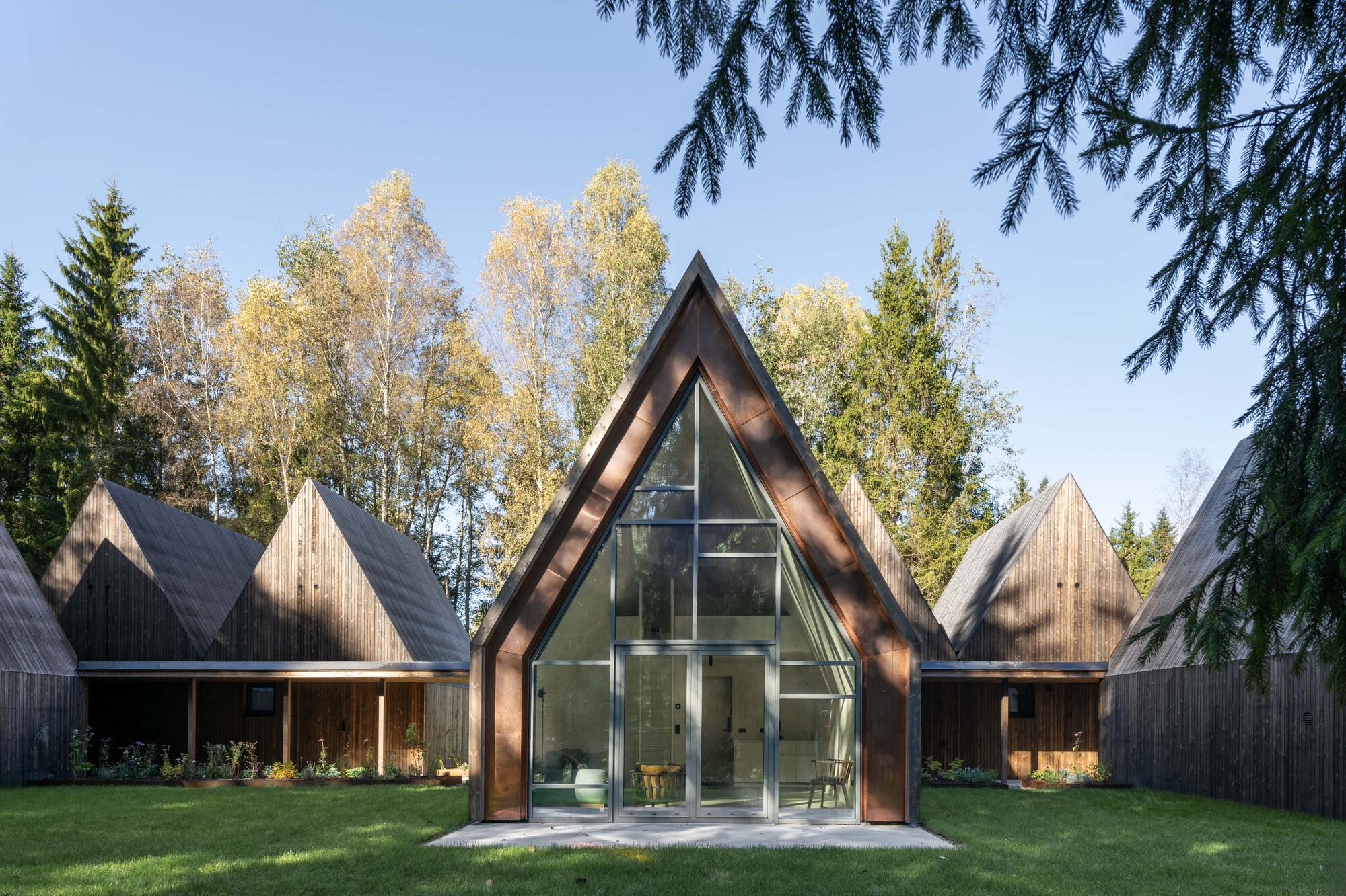 Glazed gable-fronted pavilion flanked by timber volumes beneath autumn birches