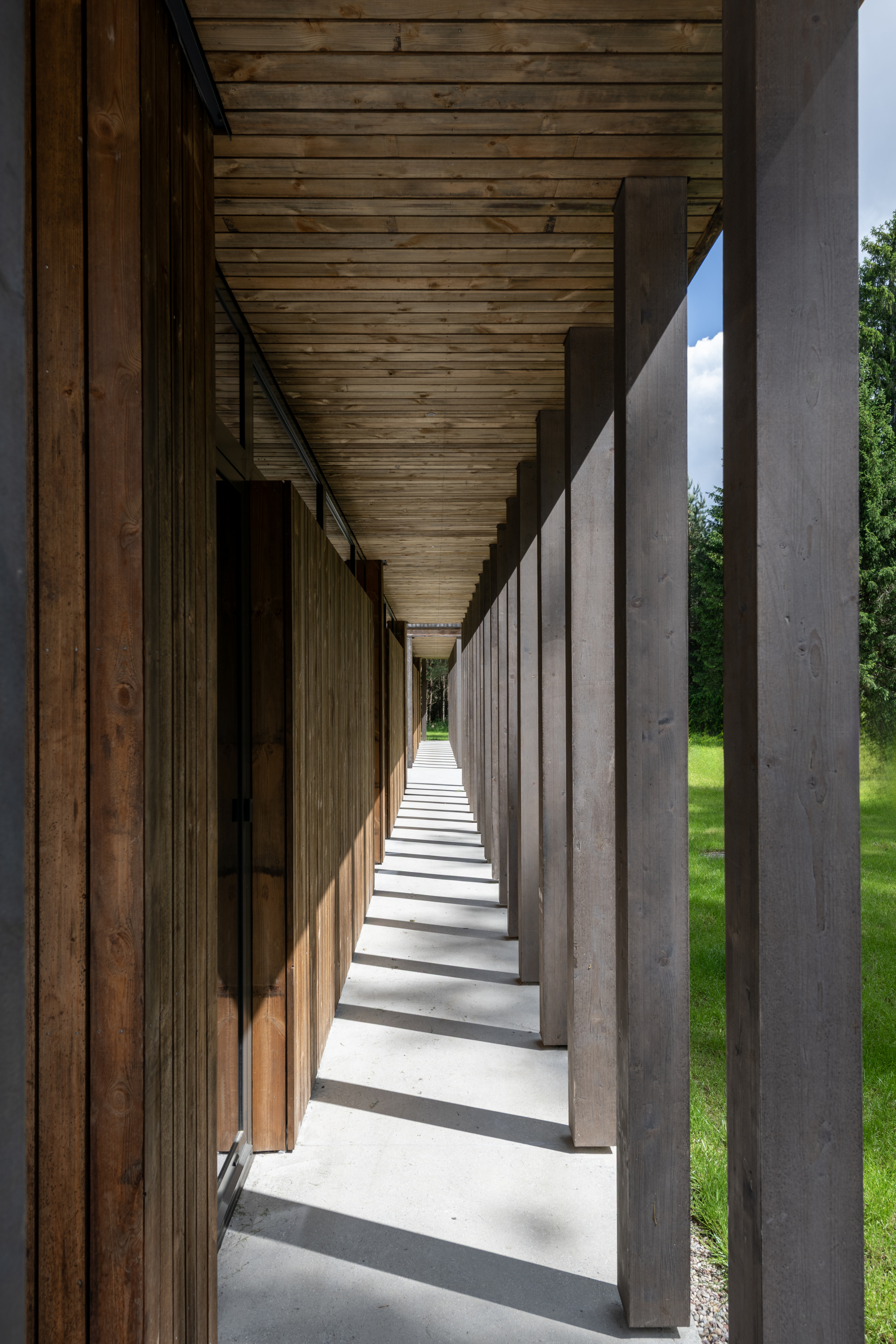 Covered timber-lined corridor with concrete columns casting rhythmic shadows on the polished concrete floor