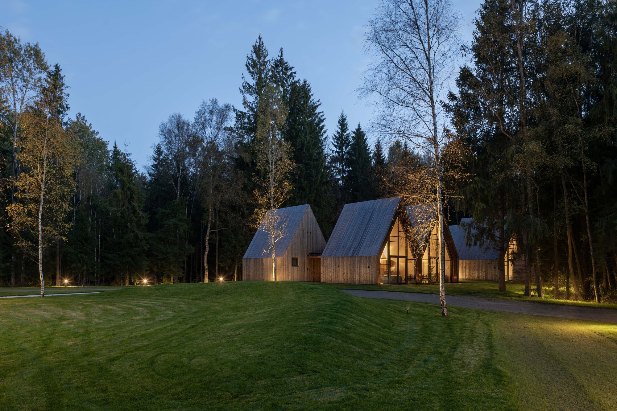 Cluster of pitched-roof pavilions with timber cladding emerging from a forest clearing at dusk