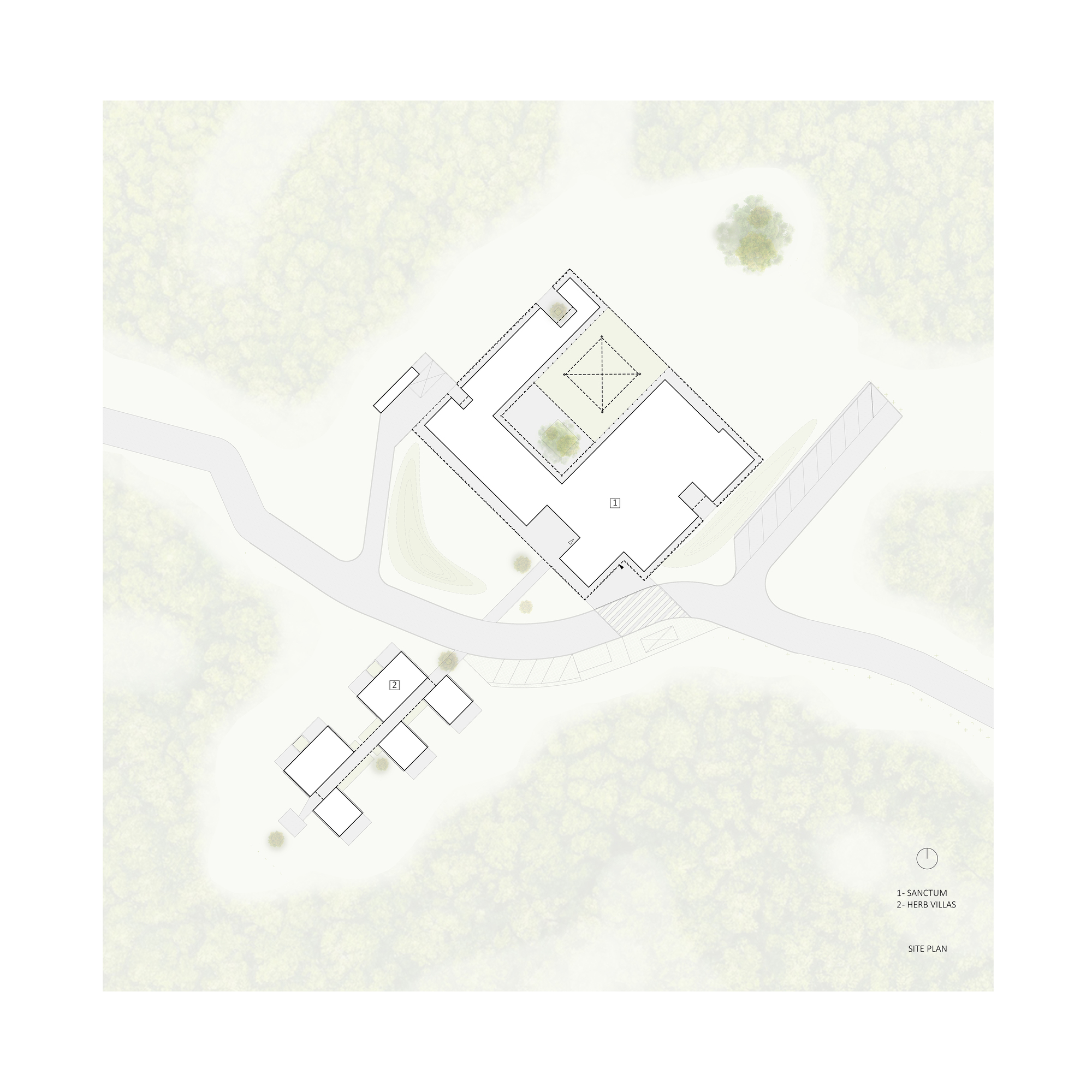 Site plan drawing showing two building clusters flanking a curving access road through wooded terrain