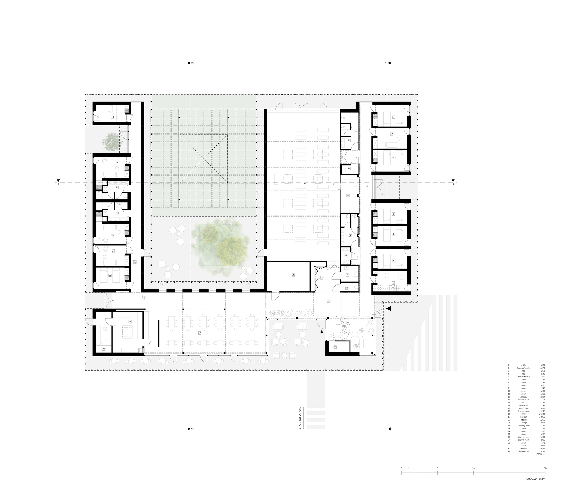Ground floor plan drawing showing rooms arranged around a central courtyard with a grid roof