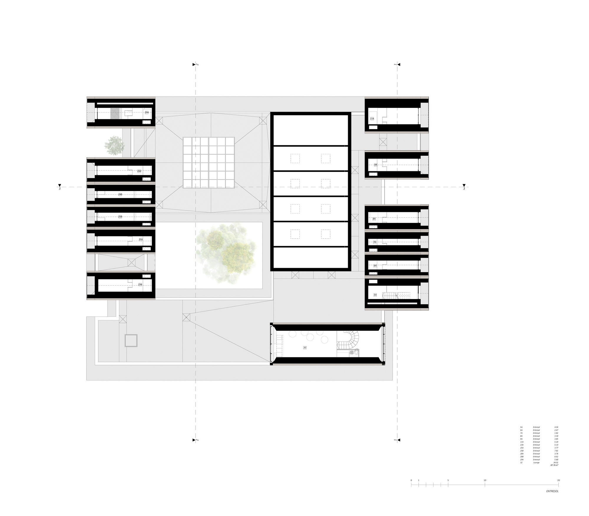 Section drawing cutting through multi-story volumes with courtyard and tree in the center