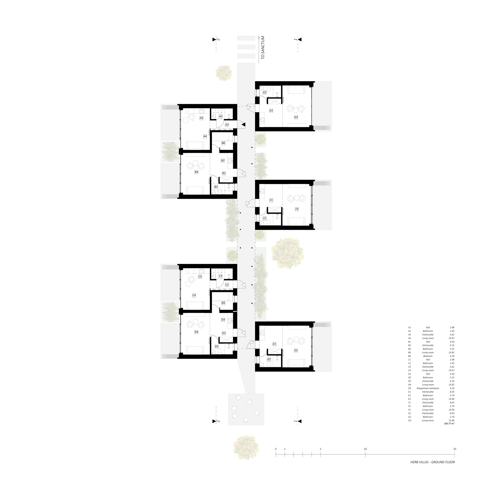 Floor plan drawing showing residential units arranged in a linear stepping configuration with trees between