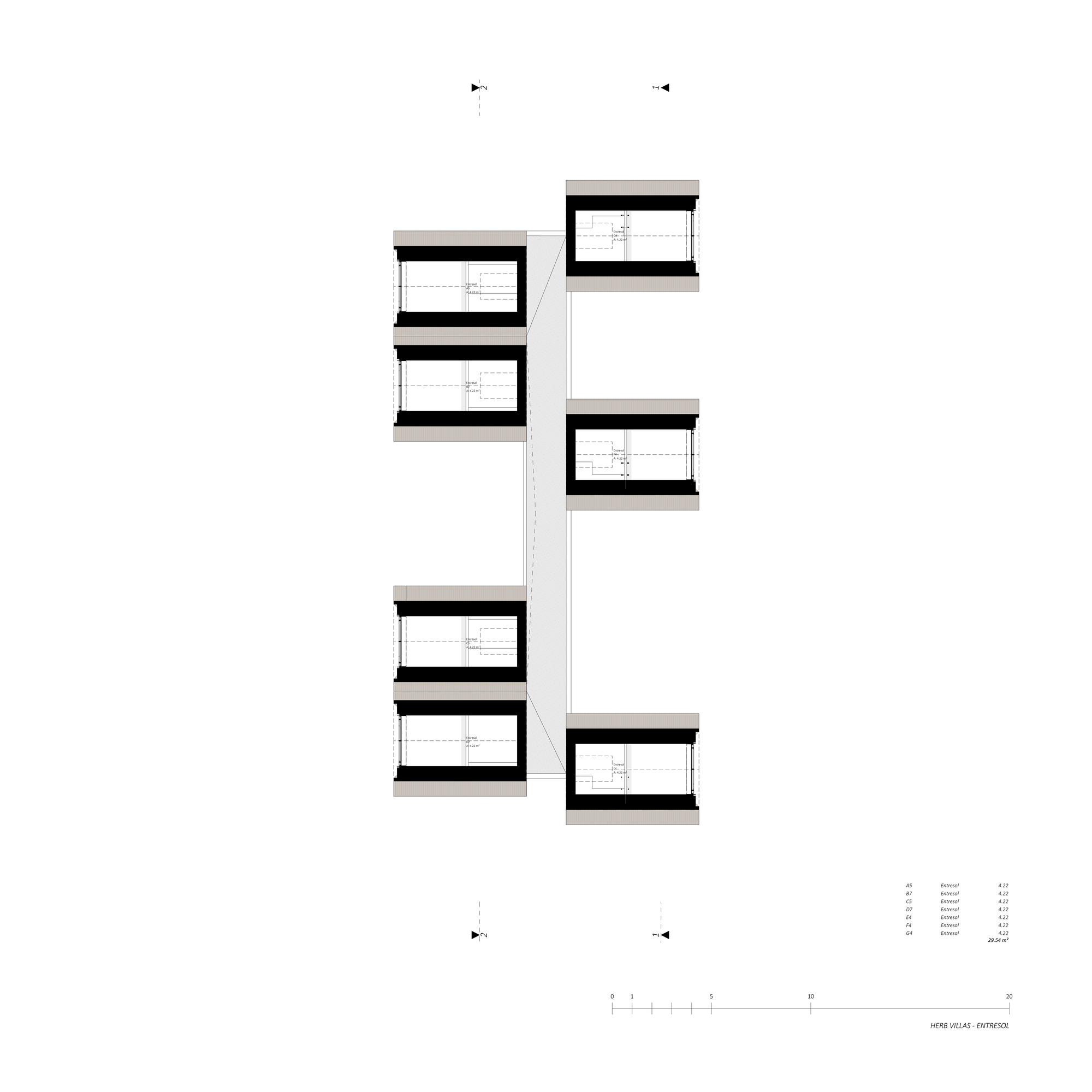 Elevation drawing showing staggered residential units with flat roofs at varying heights