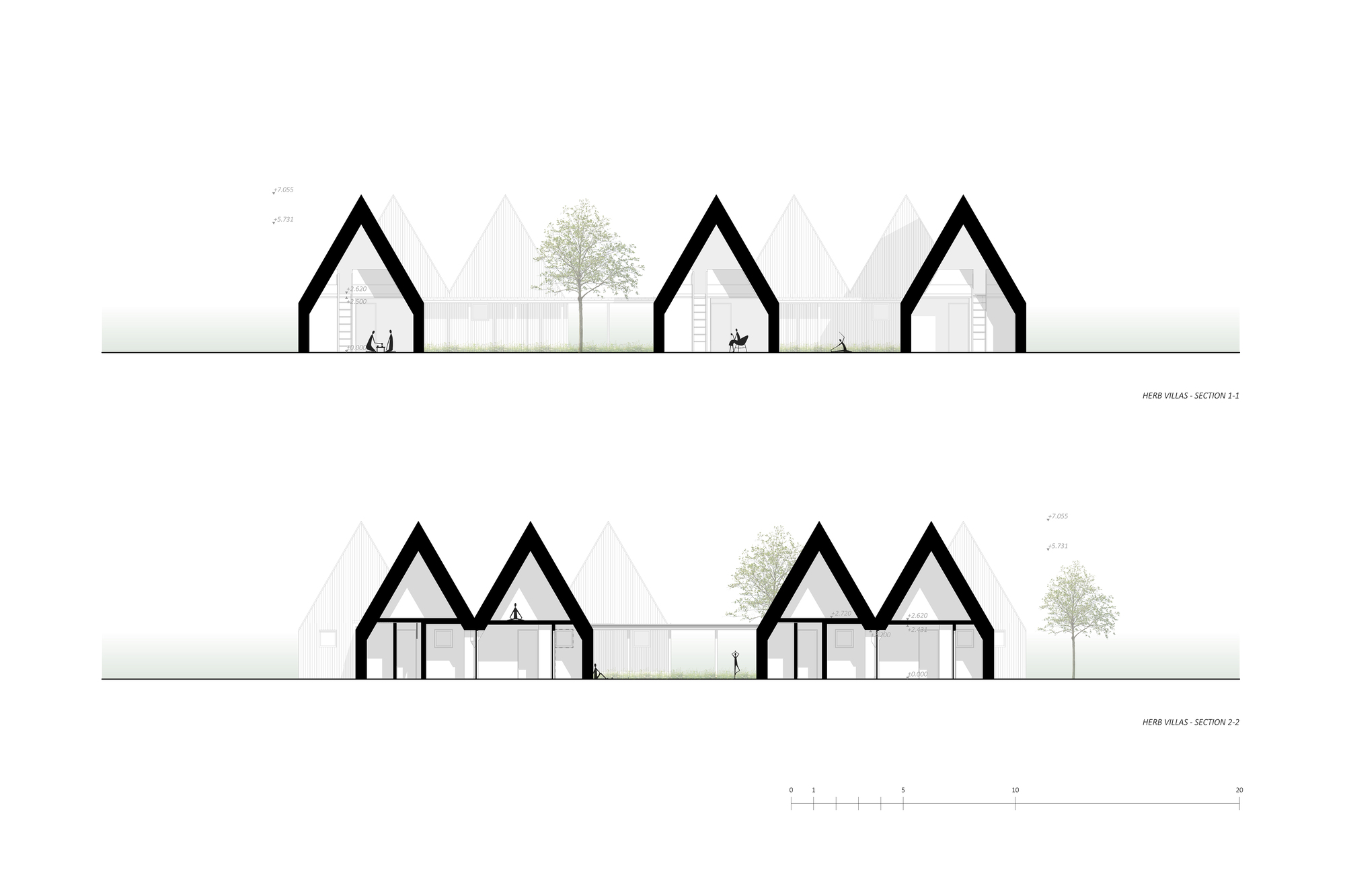 Elevation drawings showing house-shaped volumes with pitched roofs and figures under scattered trees