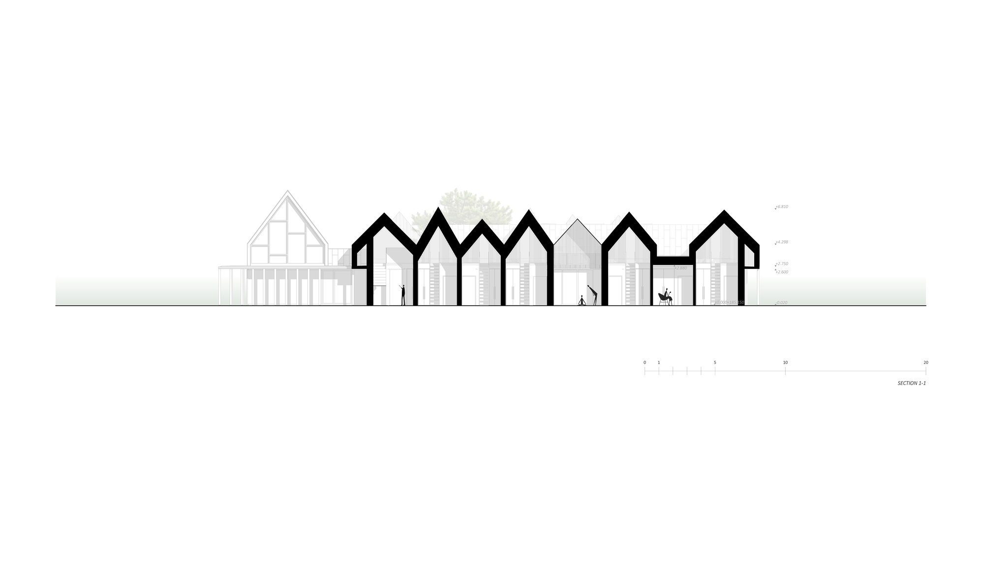 Elevation drawing depicting a row of connected gabled volumes with glazed facades and human figures