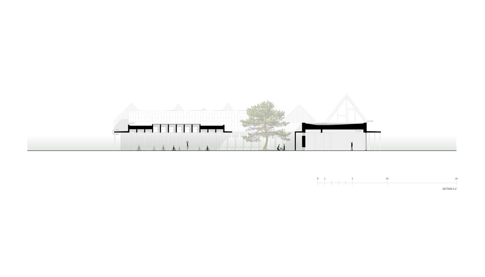 Elevation drawing showing low horizontal volumes with colonnade and mature tree beside gabled structures