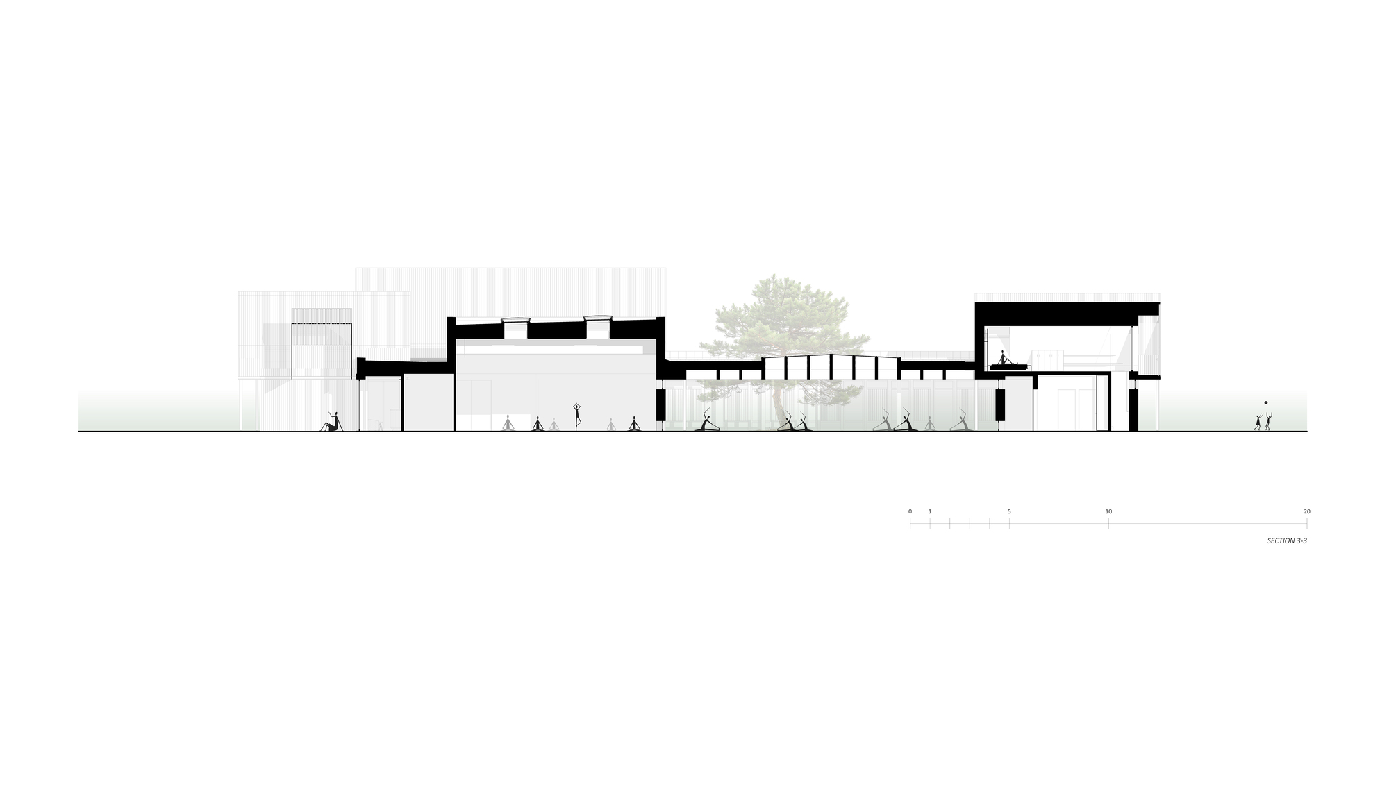 Section drawing revealing interior spatial relationships across volumes with central tree and scattered figures