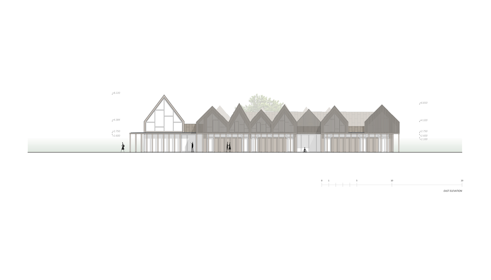 Elevation drawing showing eight gabled volumes above a glazed colonnade with human figures at ground level