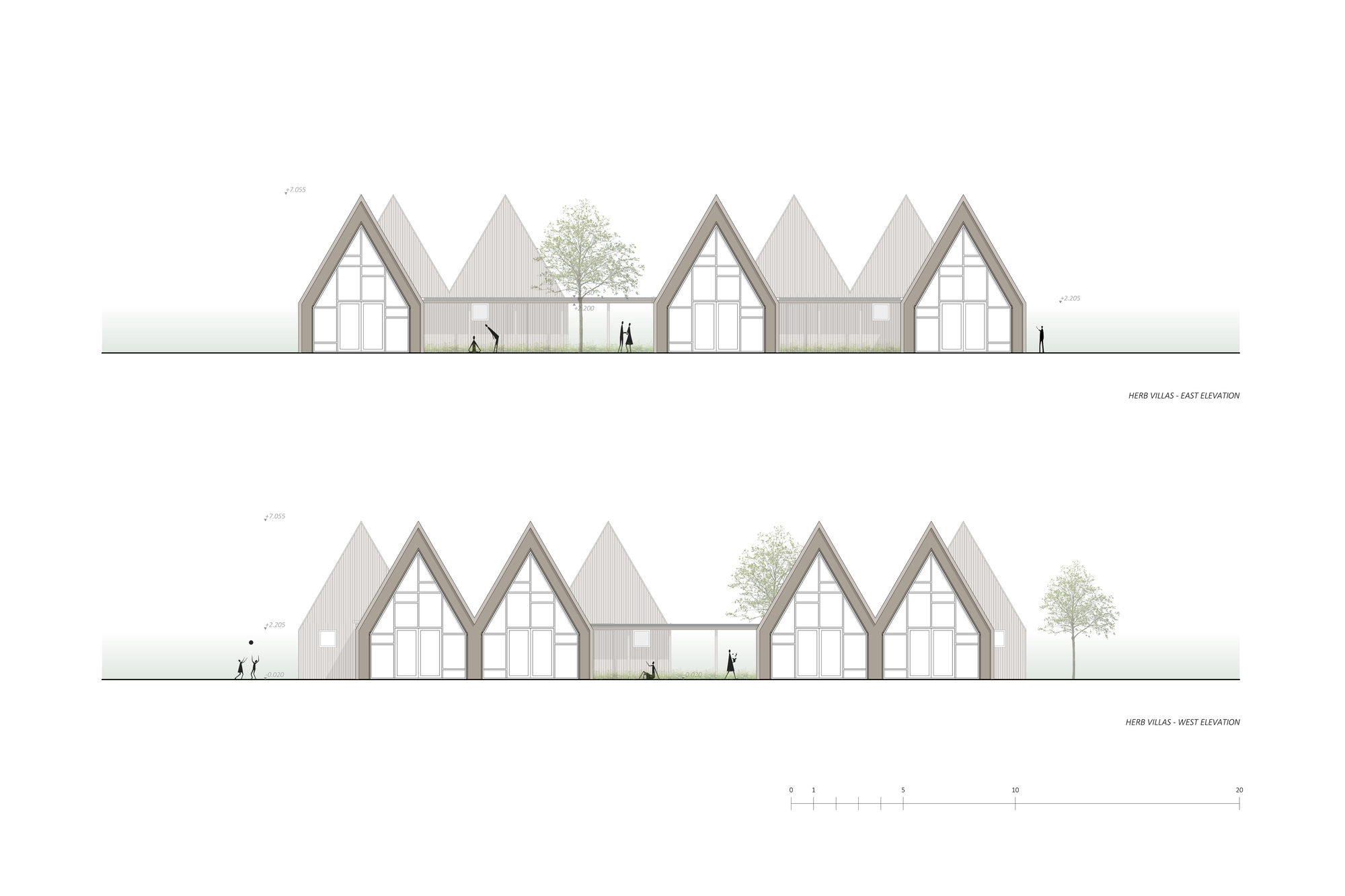 Elevation drawings depicting paired house-shaped volumes with vertical cladding and tall glazed gable ends