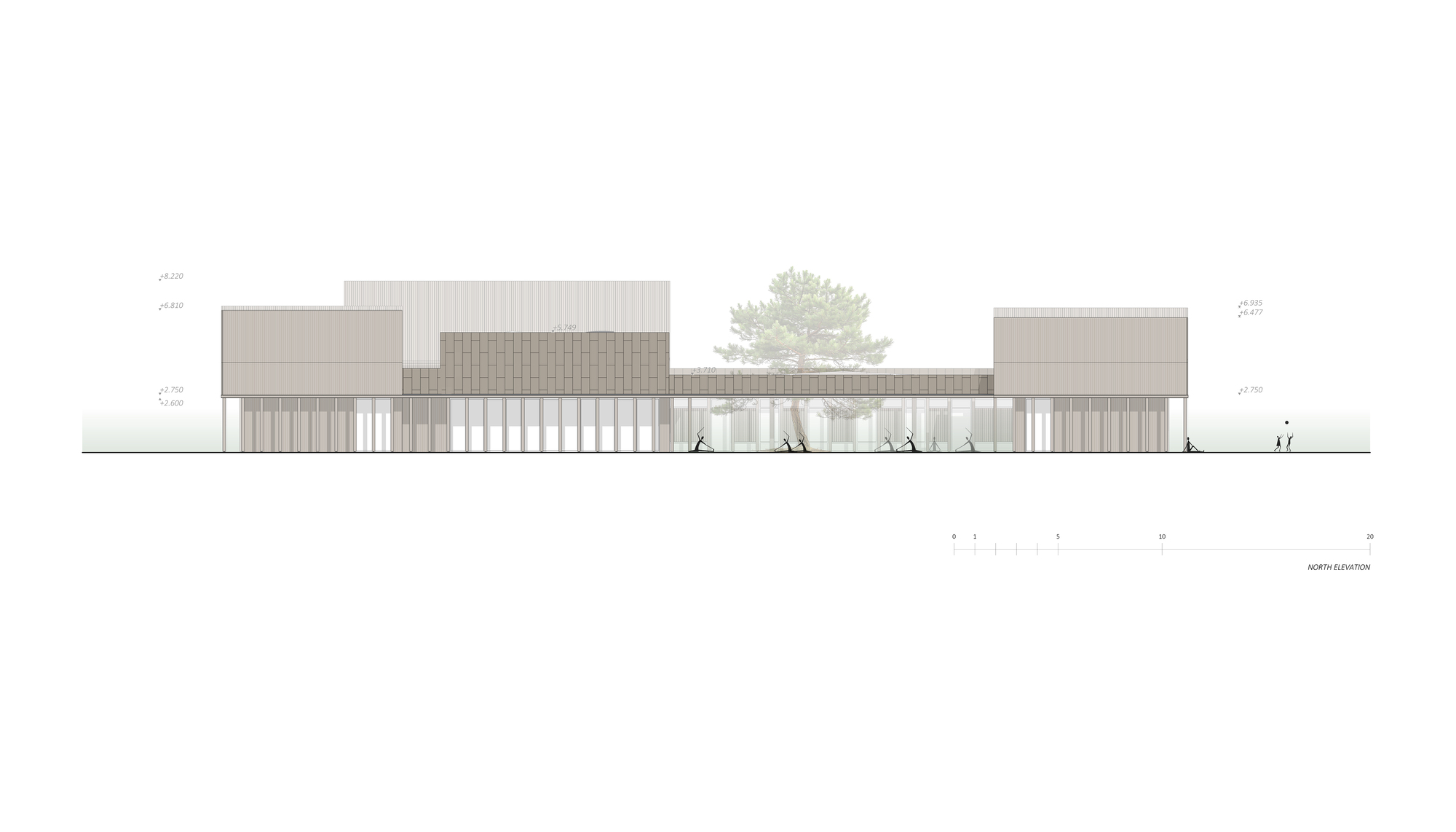 North elevation drawing showing a horizontal composition of solid volumes and vertical screens with figures and a tree