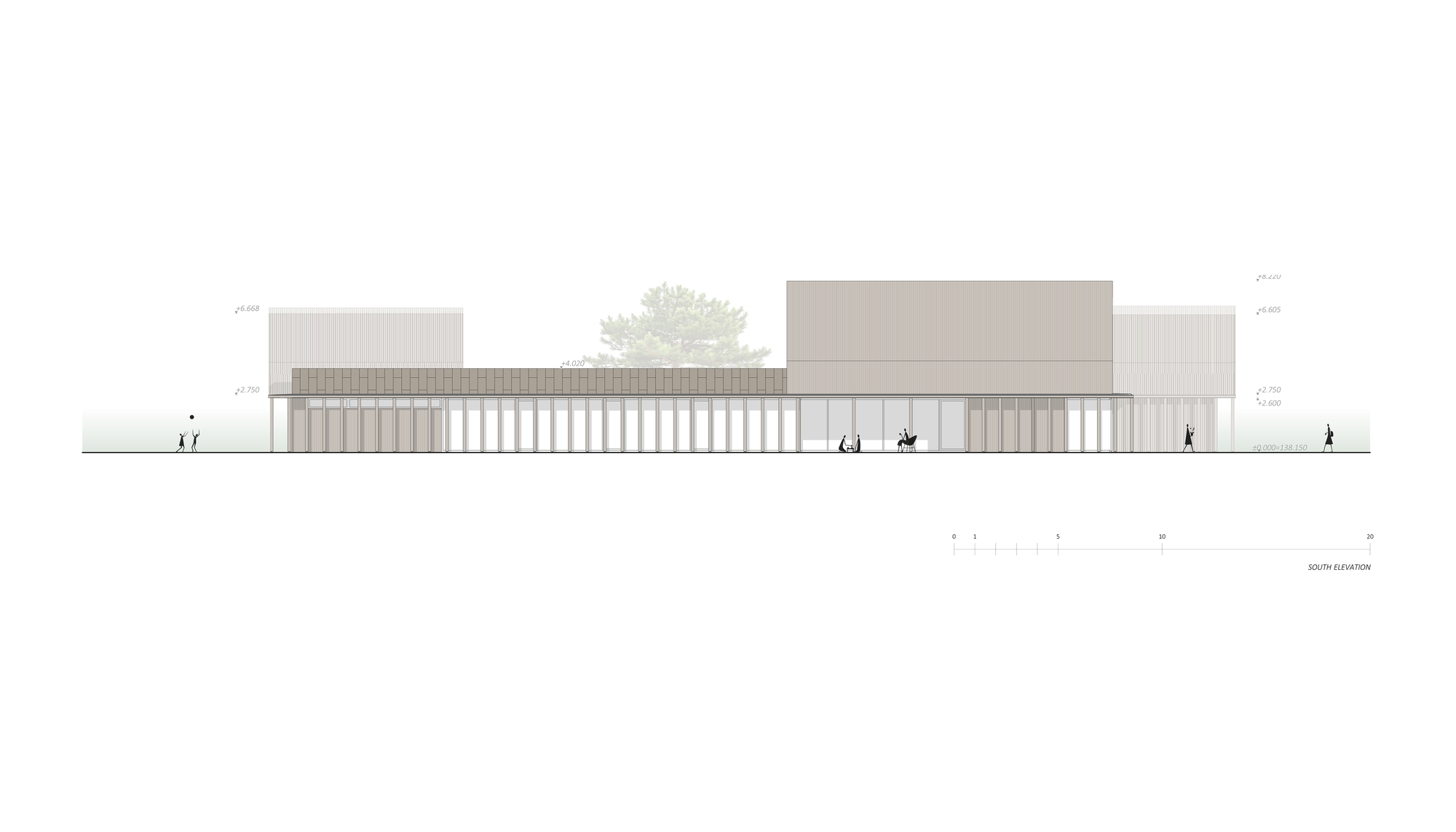 South elevation drawing depicting a symmetrical facade with vertical louvres and solid masses at either end