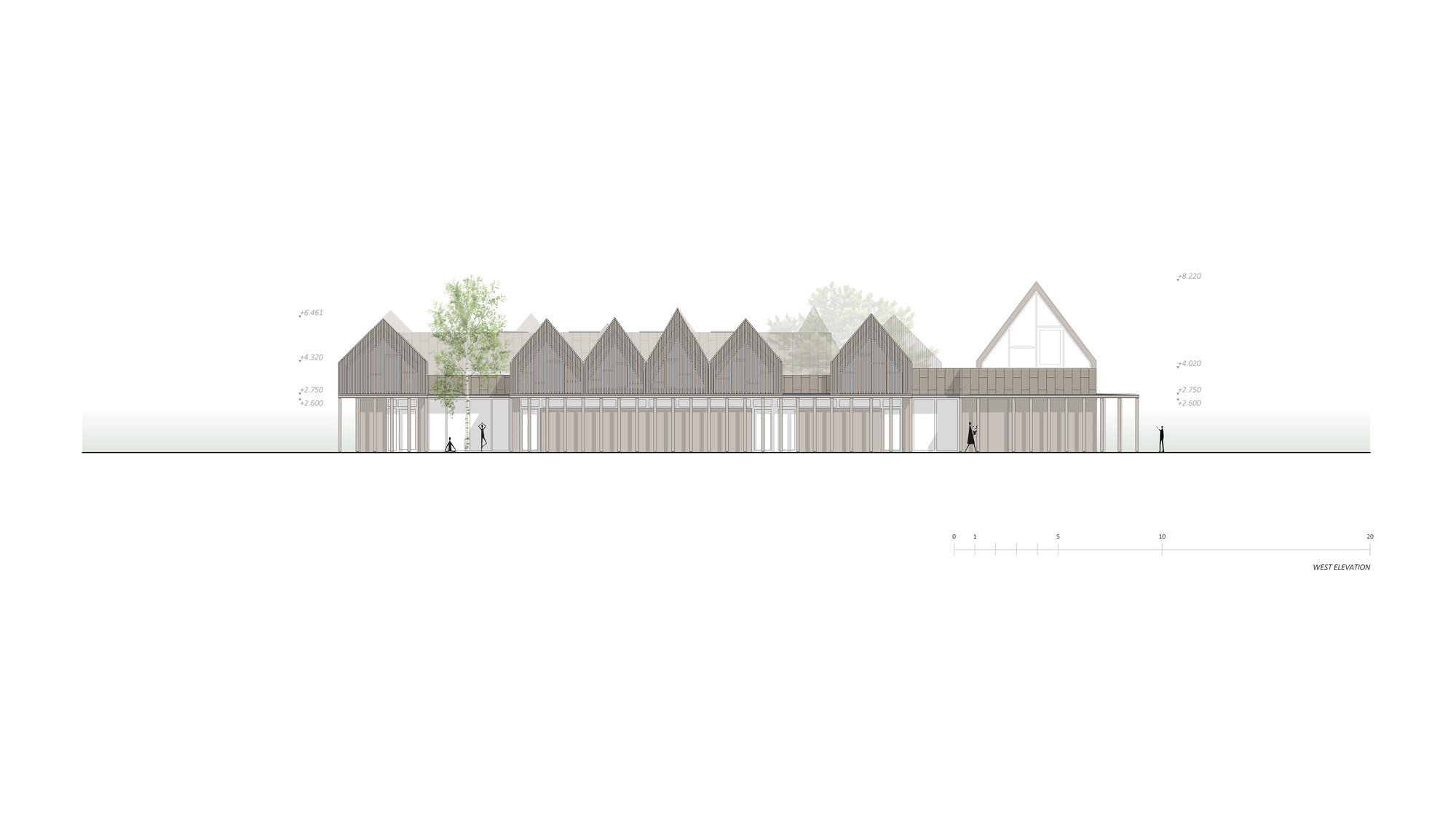 West elevation drawing showing a series of pitched roof forms above a colonnade with figures and trees