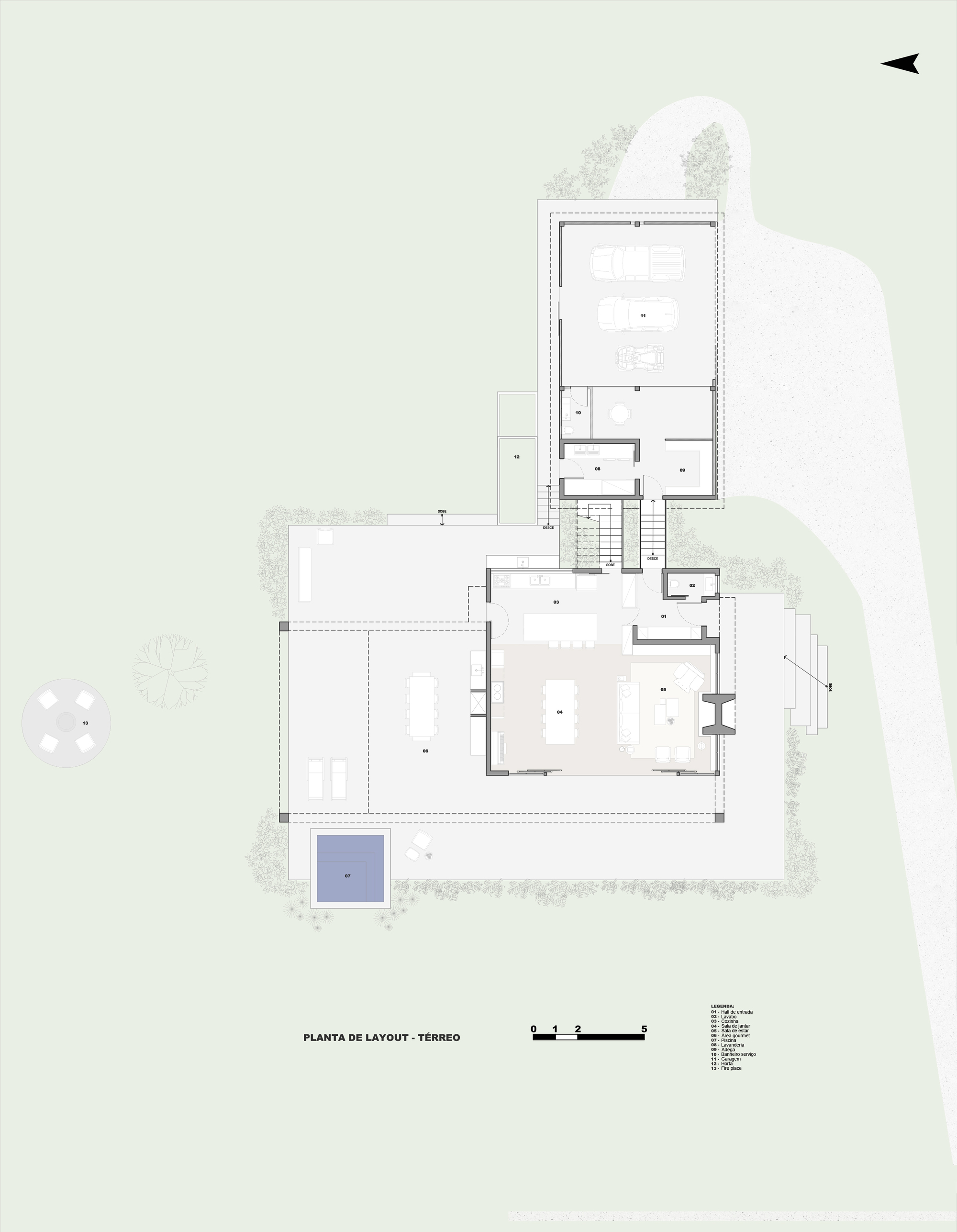 Ground floor plan drawing showing L-shaped layout with central stair, terrace and surrounding landscape