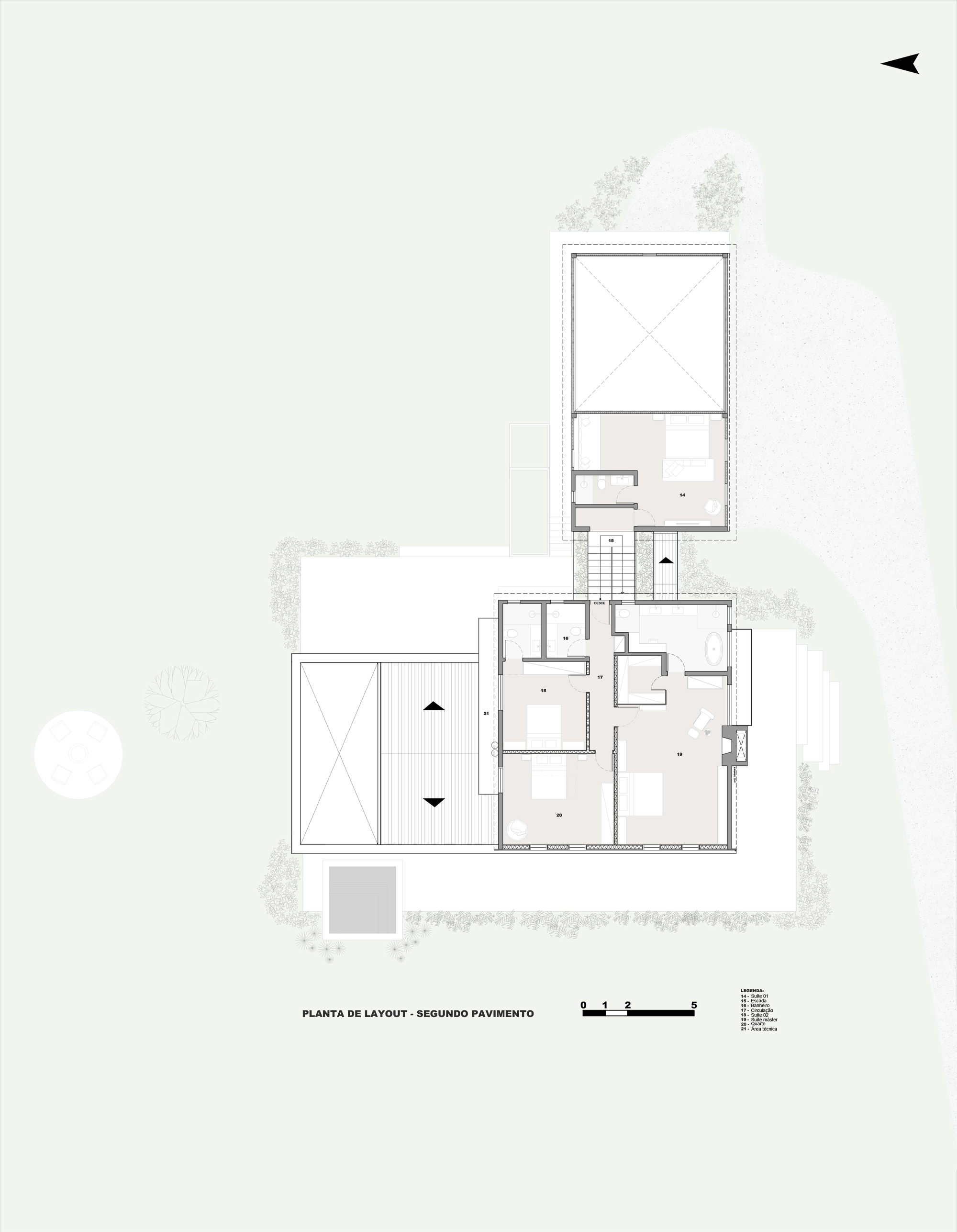 Upper floor plan drawing showing bedroom volumes, central stair and covered terrace with trees indicated