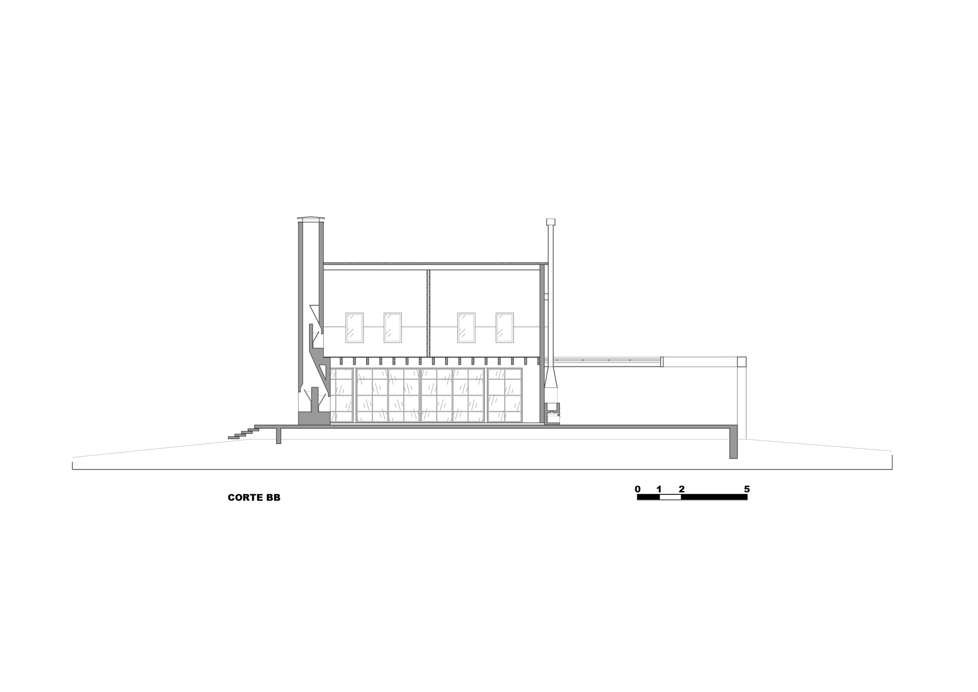 Section drawing revealing a double-height space with gridded clerestory windows and a curved stair element