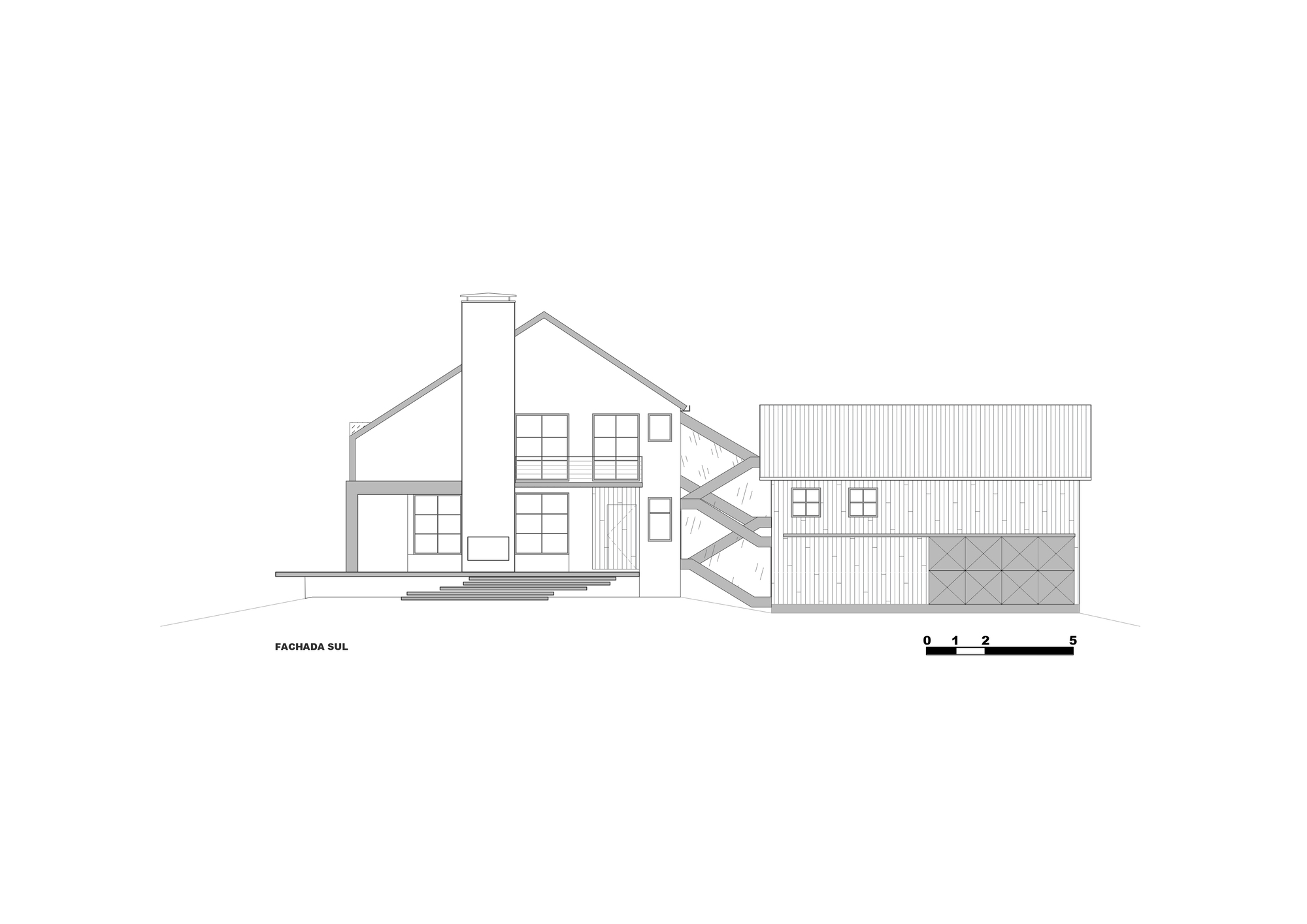 South elevation drawing displaying gabled forms with vertical cladding and a glazed connector between volumes