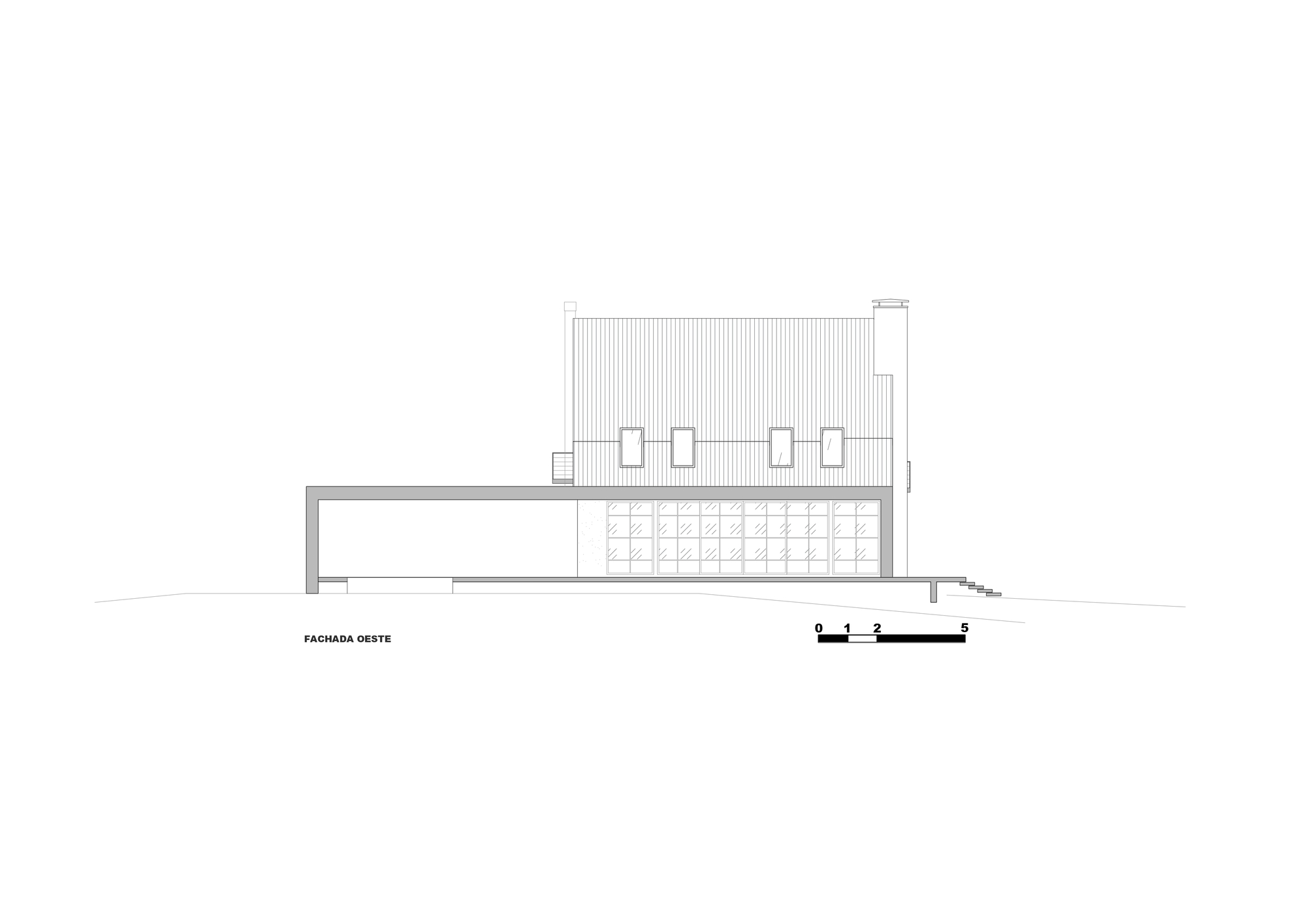West elevation drawing showing a horizontal volume with clerestory openings and a corrugated metal roof