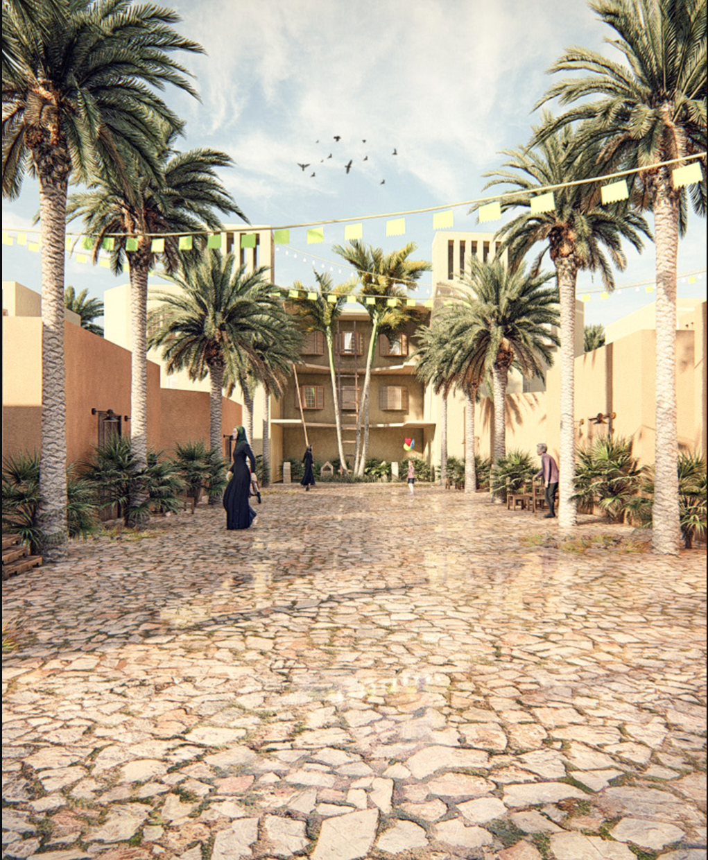 A shaded courtyard becomes the social heart of the centre.
