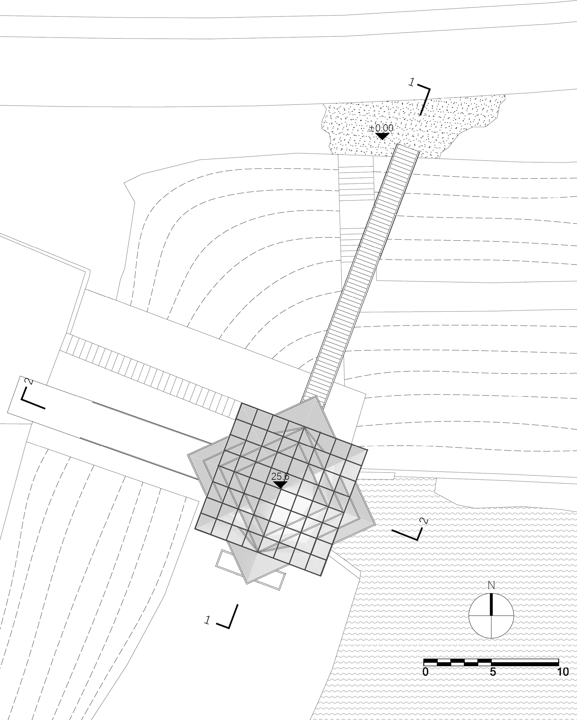 Site plan drawing showing the tower base with gridded footprint, elevated walkway and surrounding contour lines