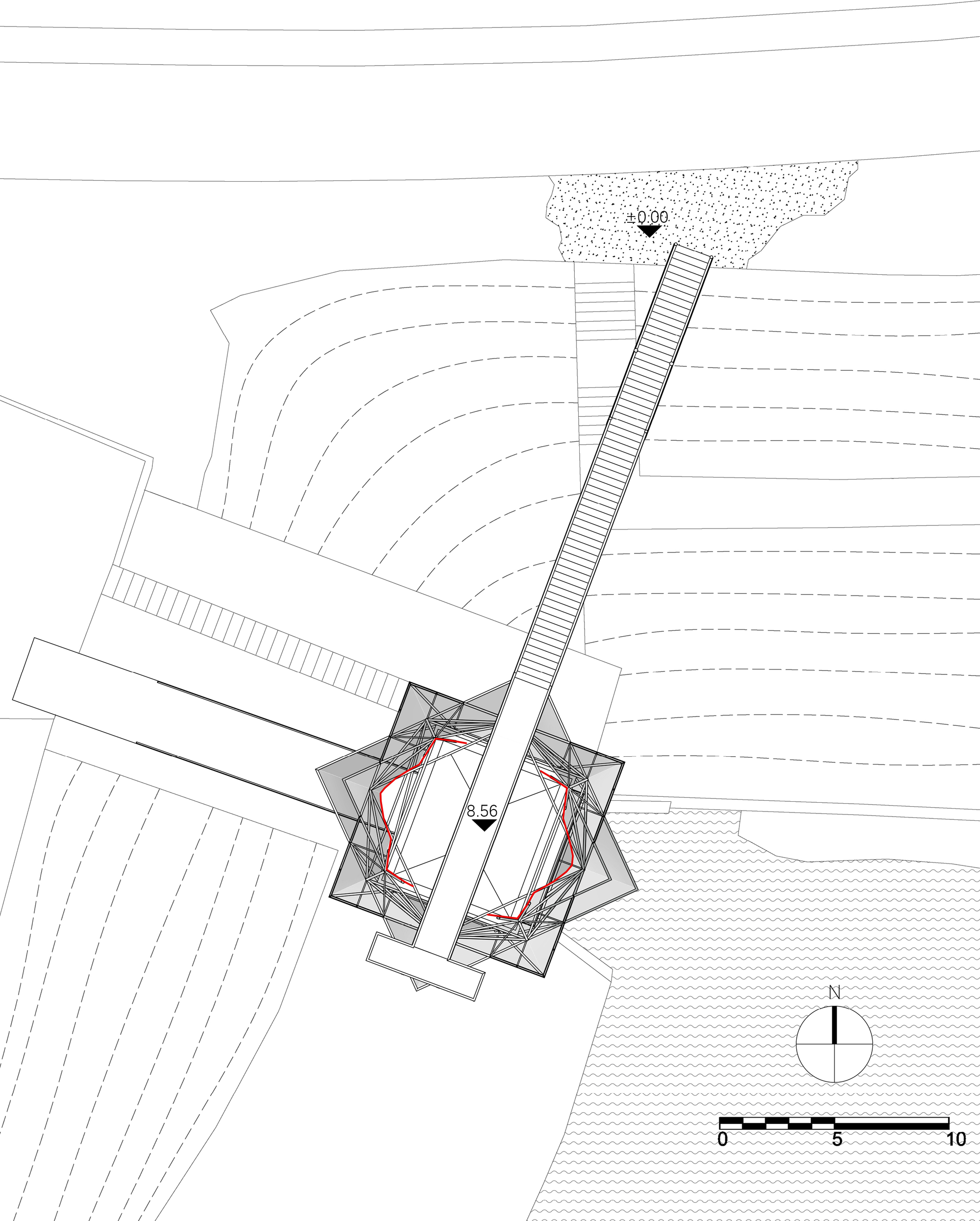 Site plan drawing showing the tower structure with internal circulation paths highlighted in red at the base