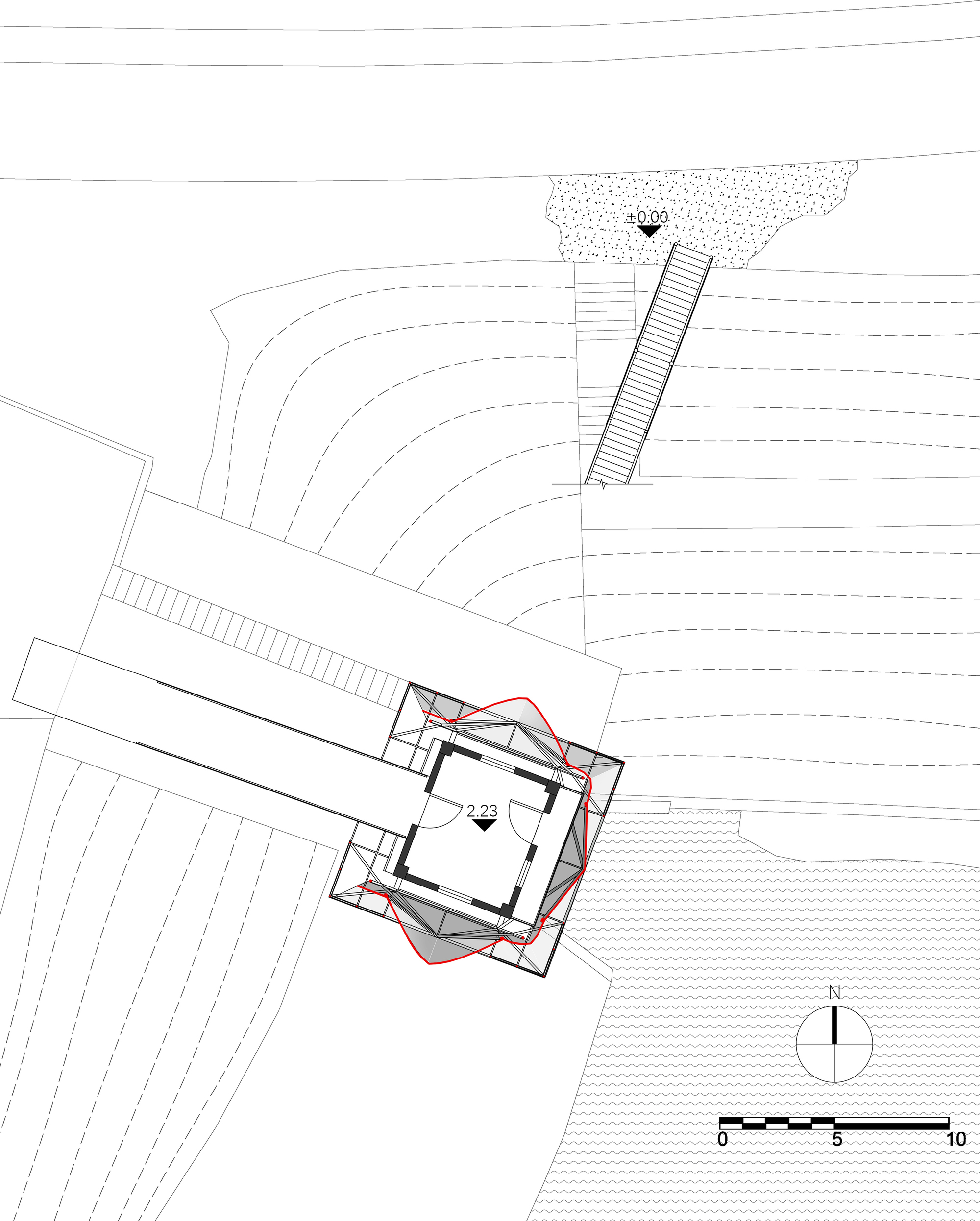 Site plan drawing showing a central square pavilion with two linear structures and contoured topography
