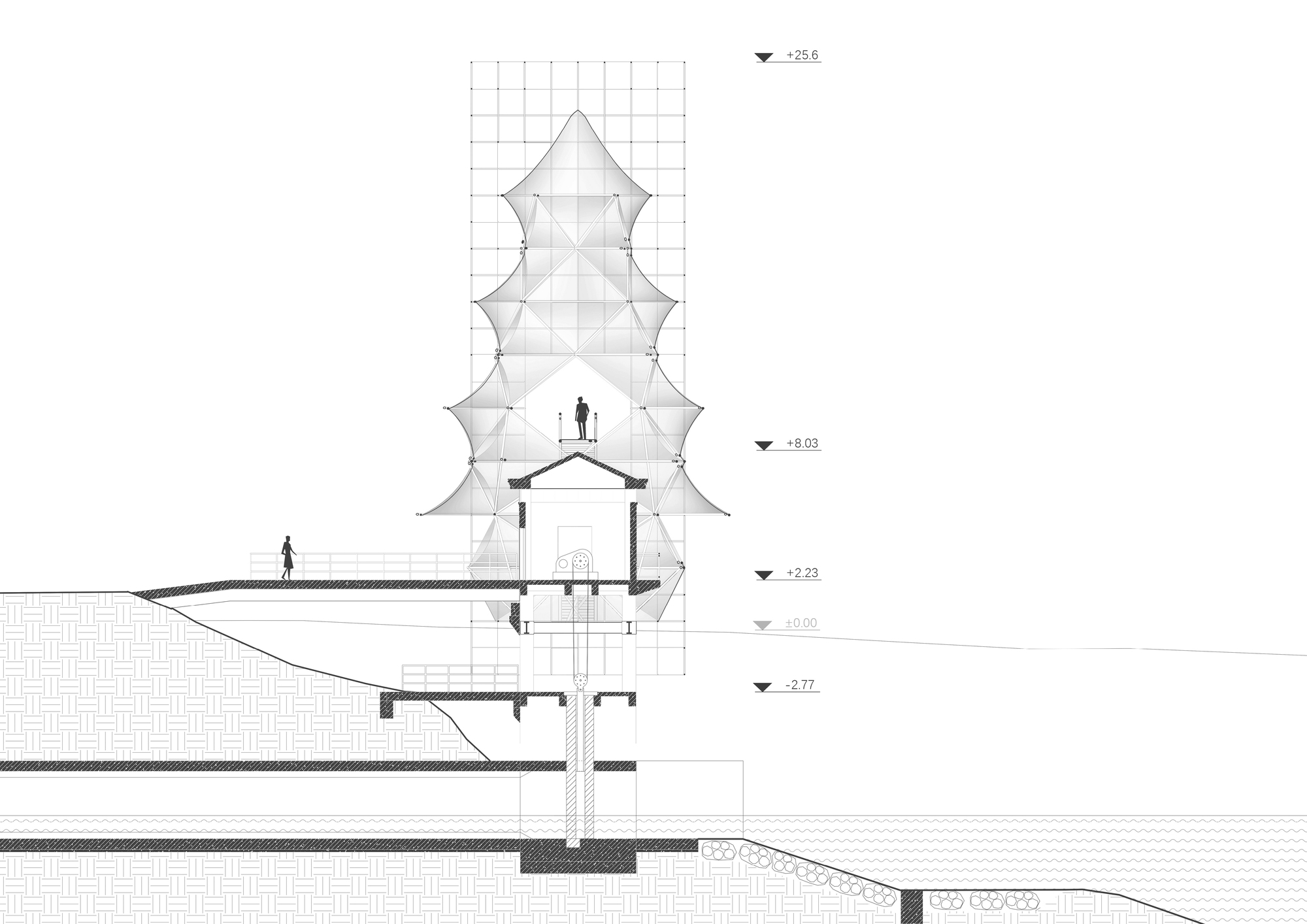 Section drawing revealing a multi-lobed tower above a sloped landscape with stepped terraces and figures