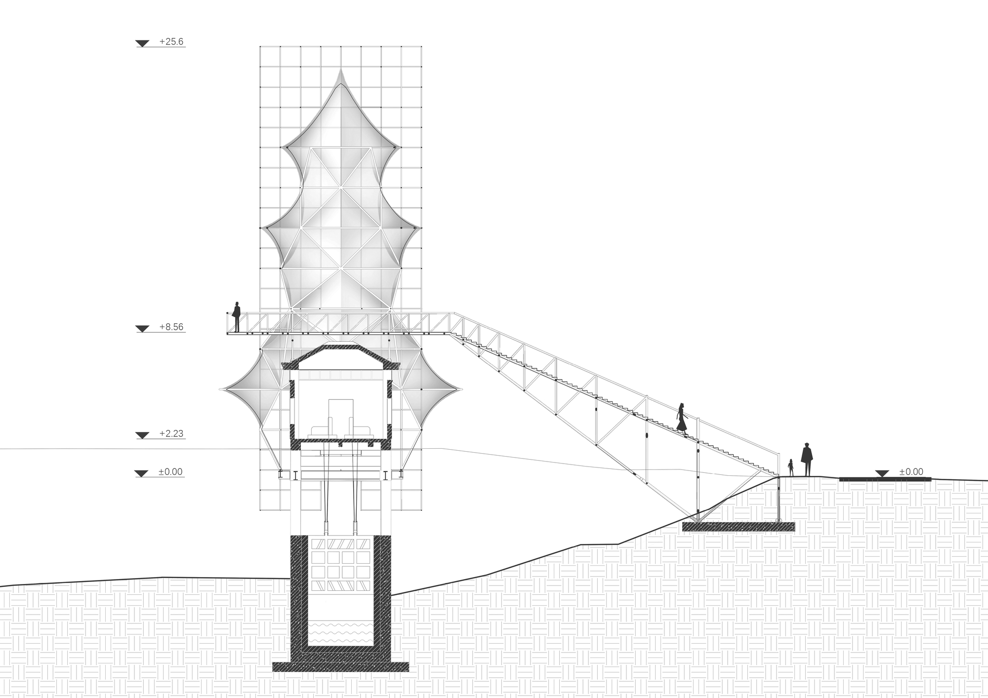 Section drawing showing the tower structure with ramped access connecting to a hillside with pedestrians