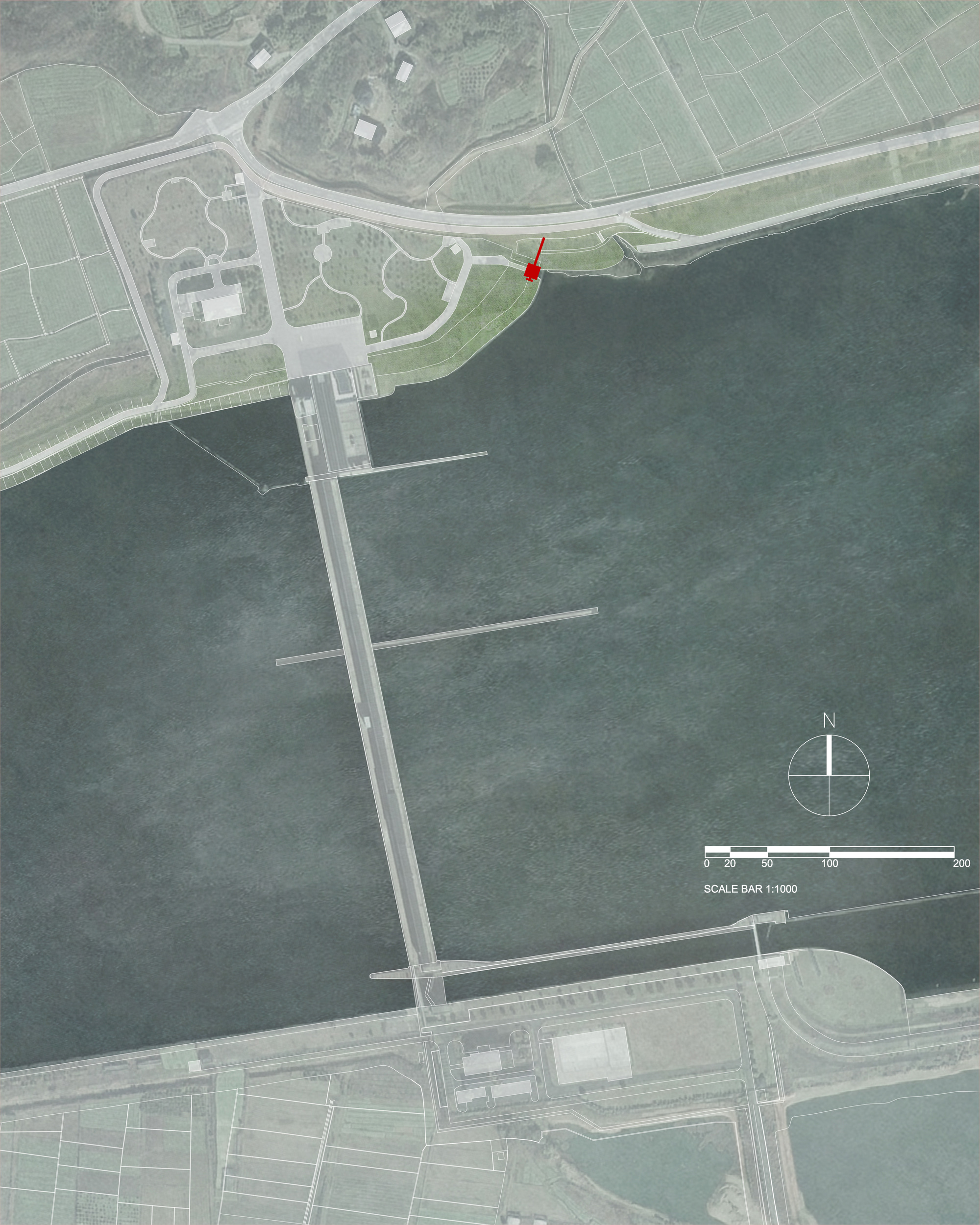 Aerial site plan rendering depicting a waterfront location with piers and a marked pavilion along the shore