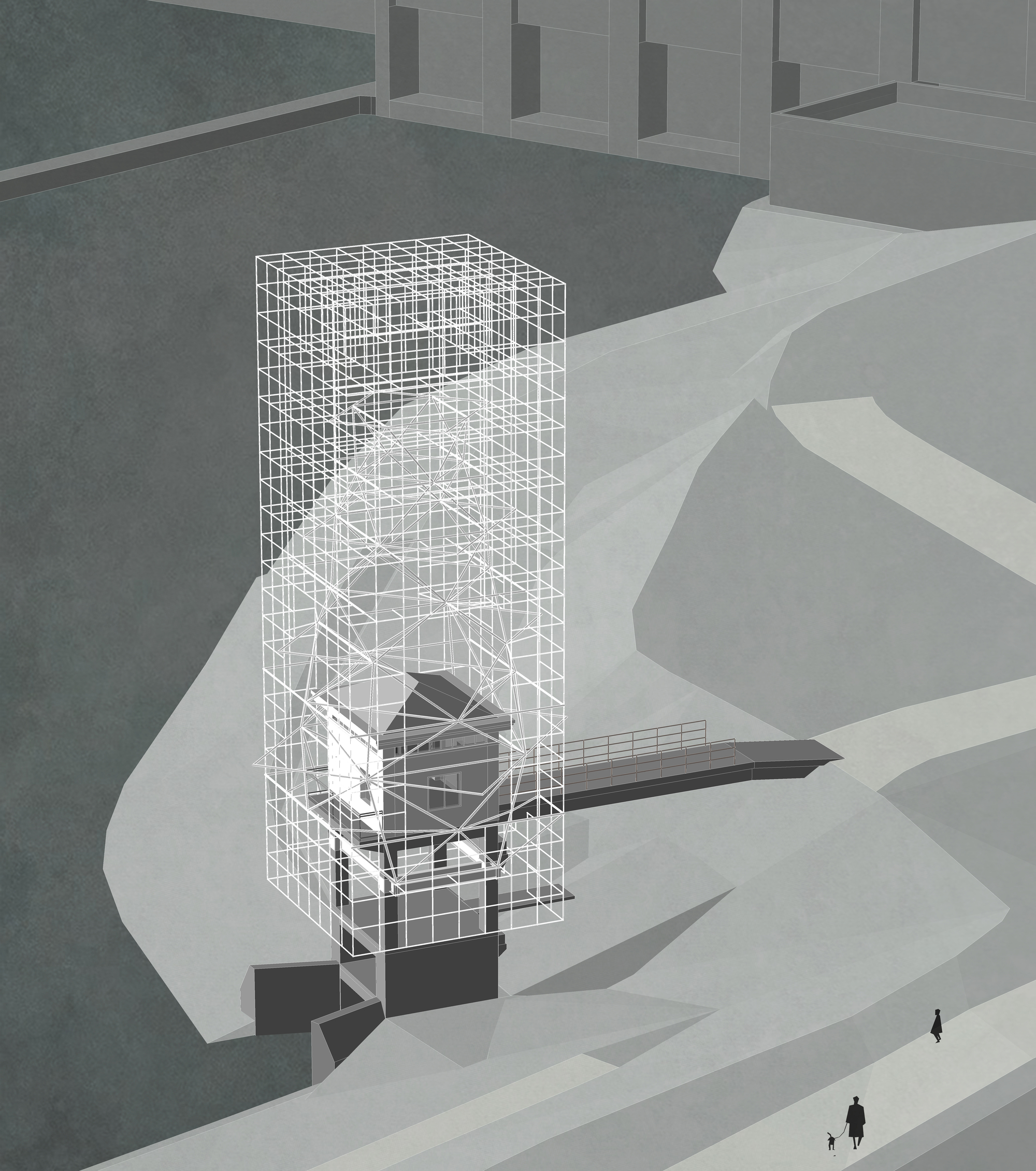 Axonometric rendering of a wireframe tower enclosing sculptural interior volumes on a landform with pedestrians