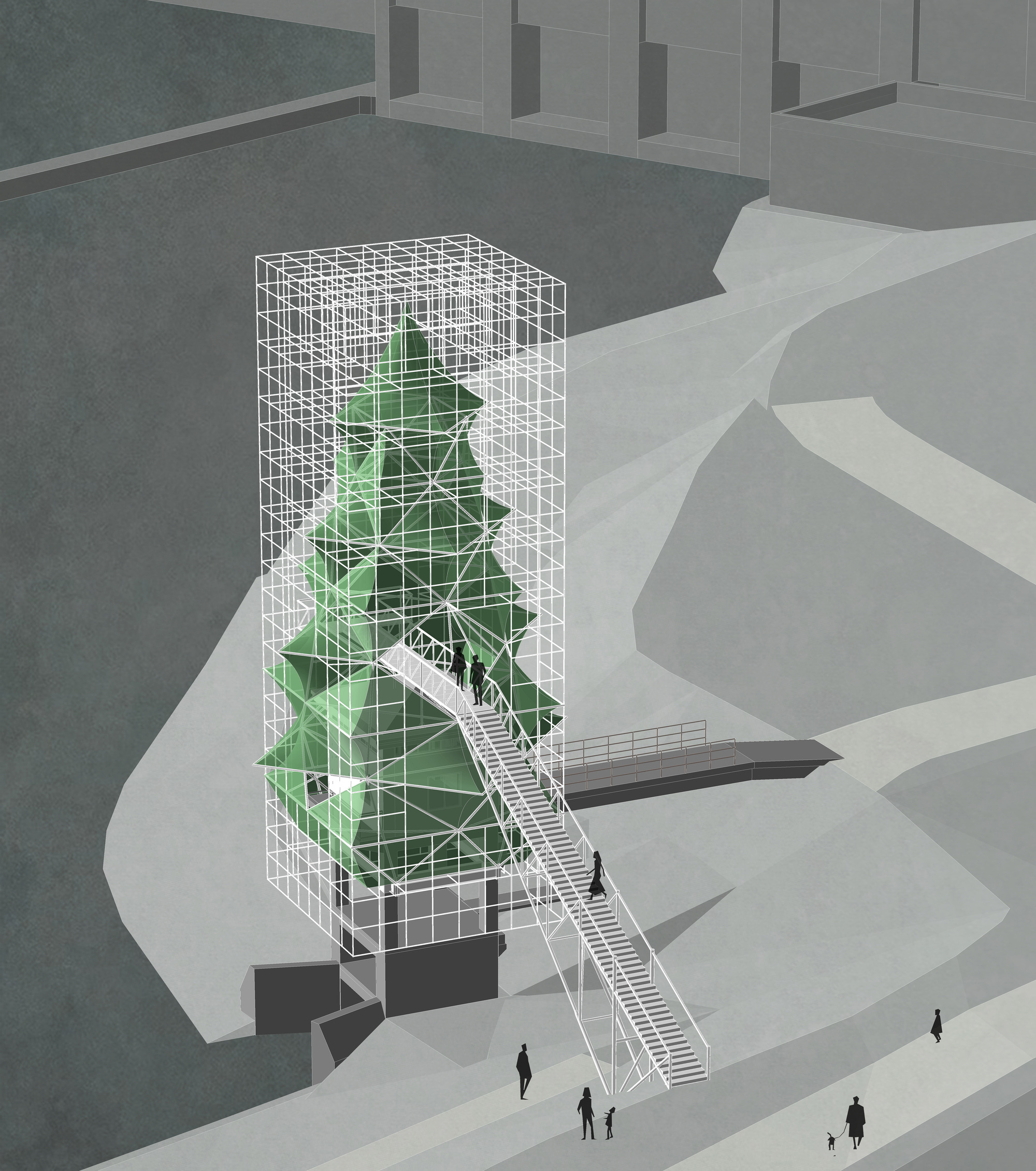 Axonometric rendering showing the same wireframe tower with green interior spaces and an external diagonal staircase