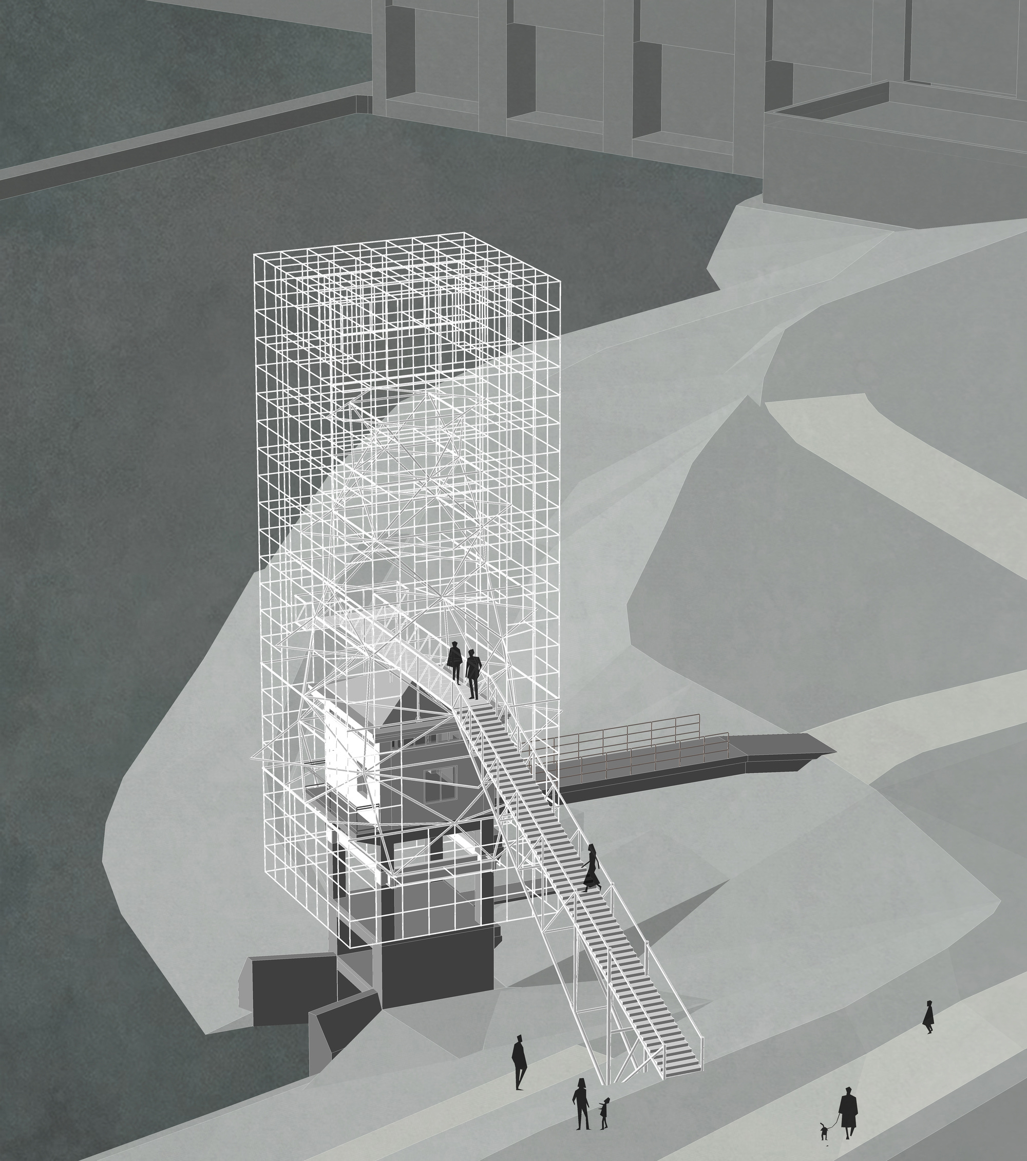 Axonometric view showing a wireframe tower enclosing a staircase and elevated pavilion with visitors below