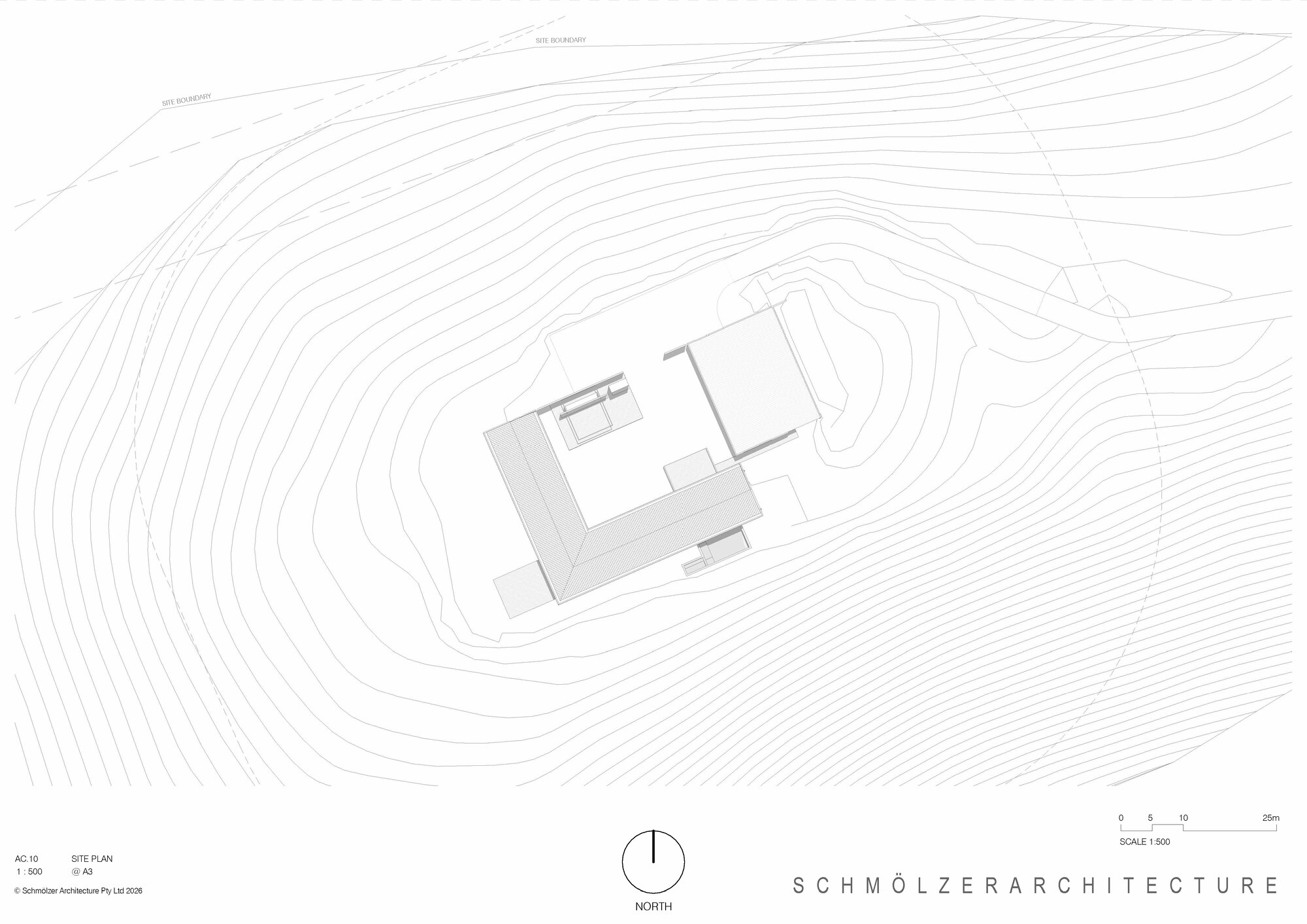 Site plan drawing showing topographic contours wrapping around a compound of rectangular volumes