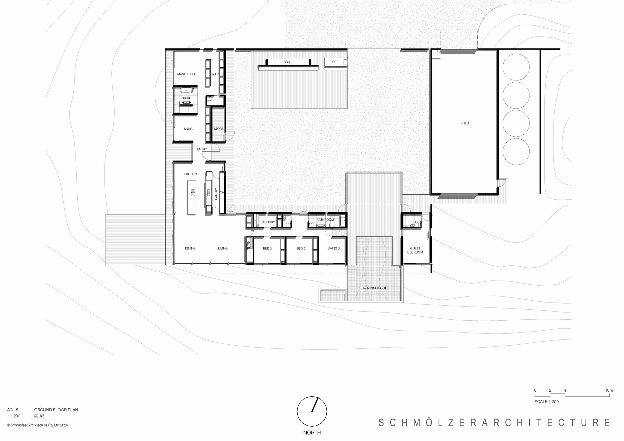 Ground floor plan drawing showing rooms arranged around two courtyards with circular tree symbols
