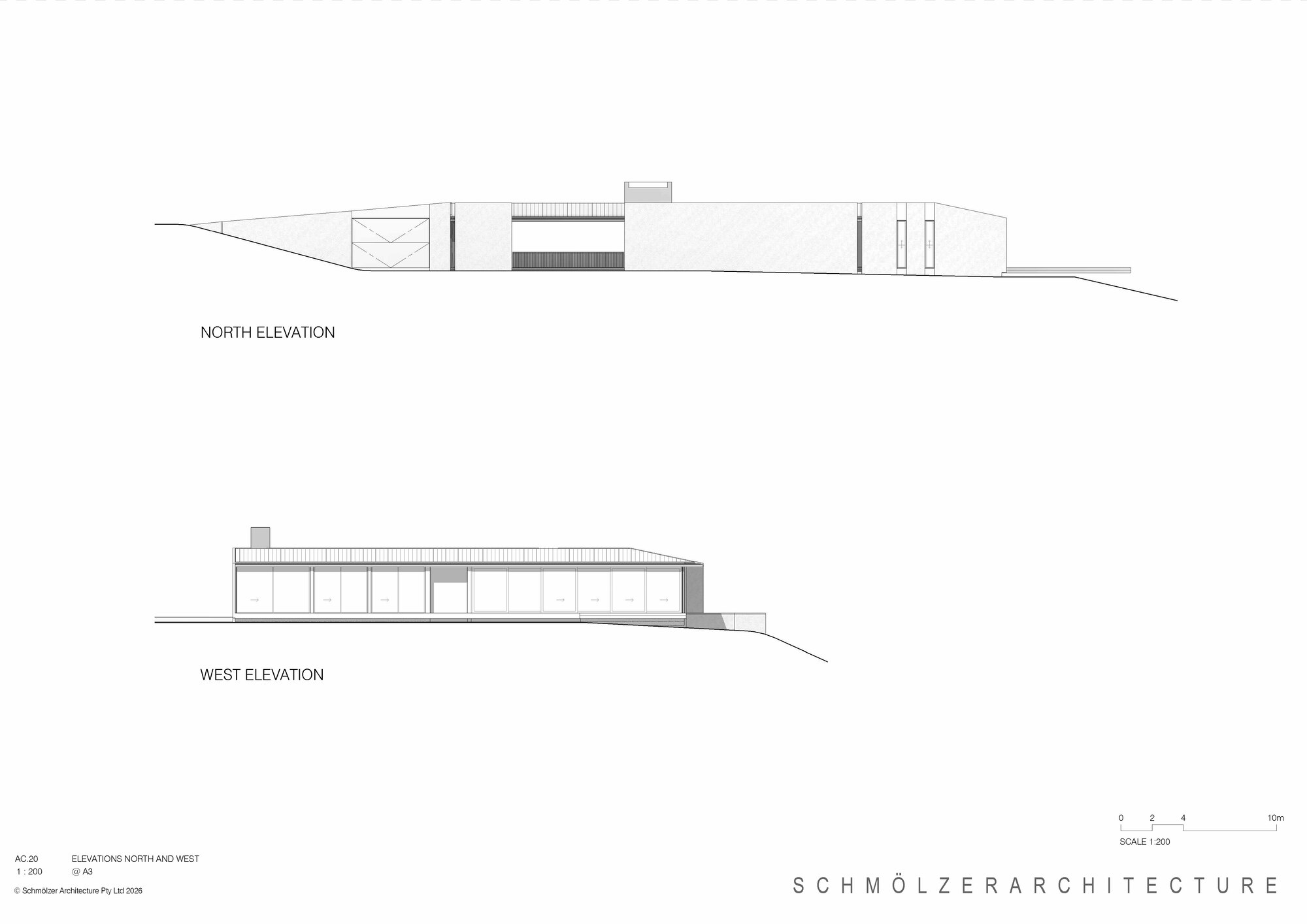 North and west elevation drawings of a horizontal structure embedded into sloping terrain