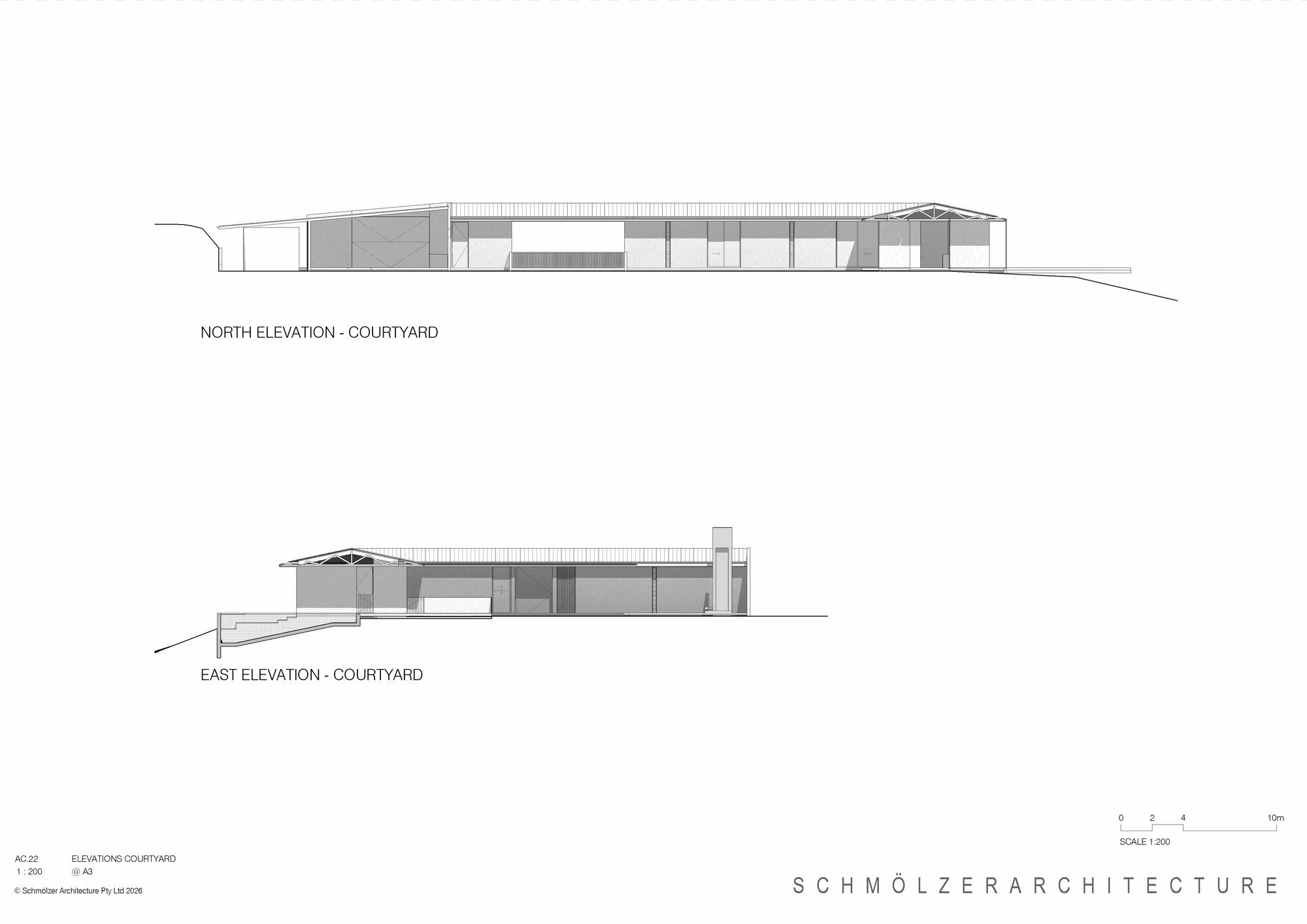 North and east courtyard elevation drawings depicting the internal facades and roof forms