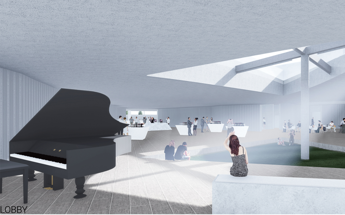 Interior lobby view where skylight, tasting spaces, music, and circulation create a sensory winery experience.