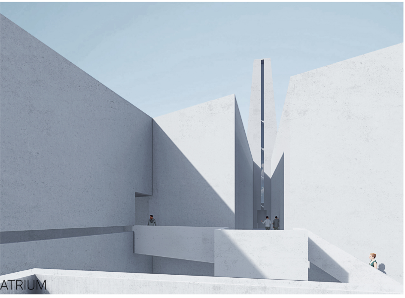Atrium view highlighting the project’s sharp architectural cut, tower axis, and controlled natural light.