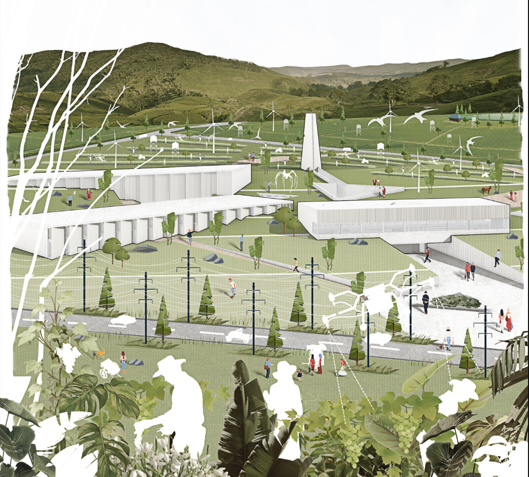 Landscape perspective presenting CRACK as a low-profile winery complex integrated into rolling vineyard hills.