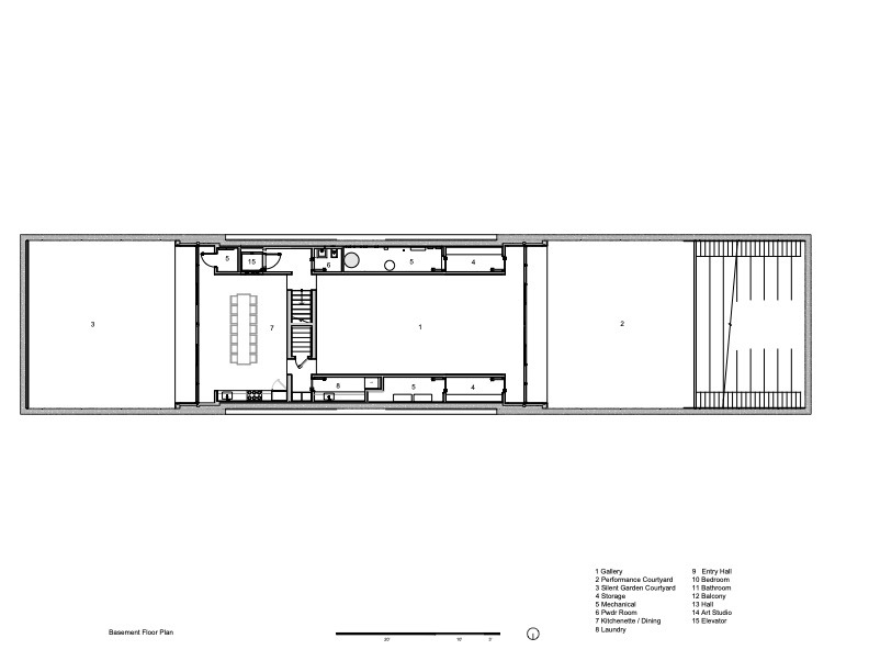 Basement floor plan showing three rooms with central stair and service spaces